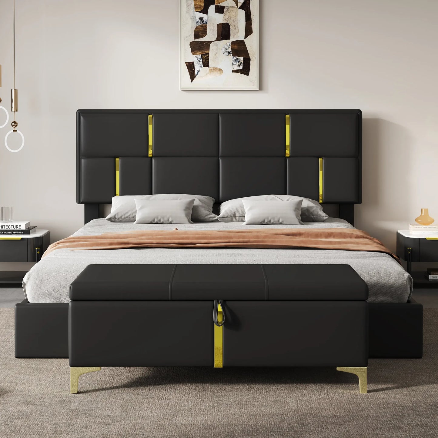 2-Piece Queen Storage Bed and Ottoman Set – Black PU Leather – view 2