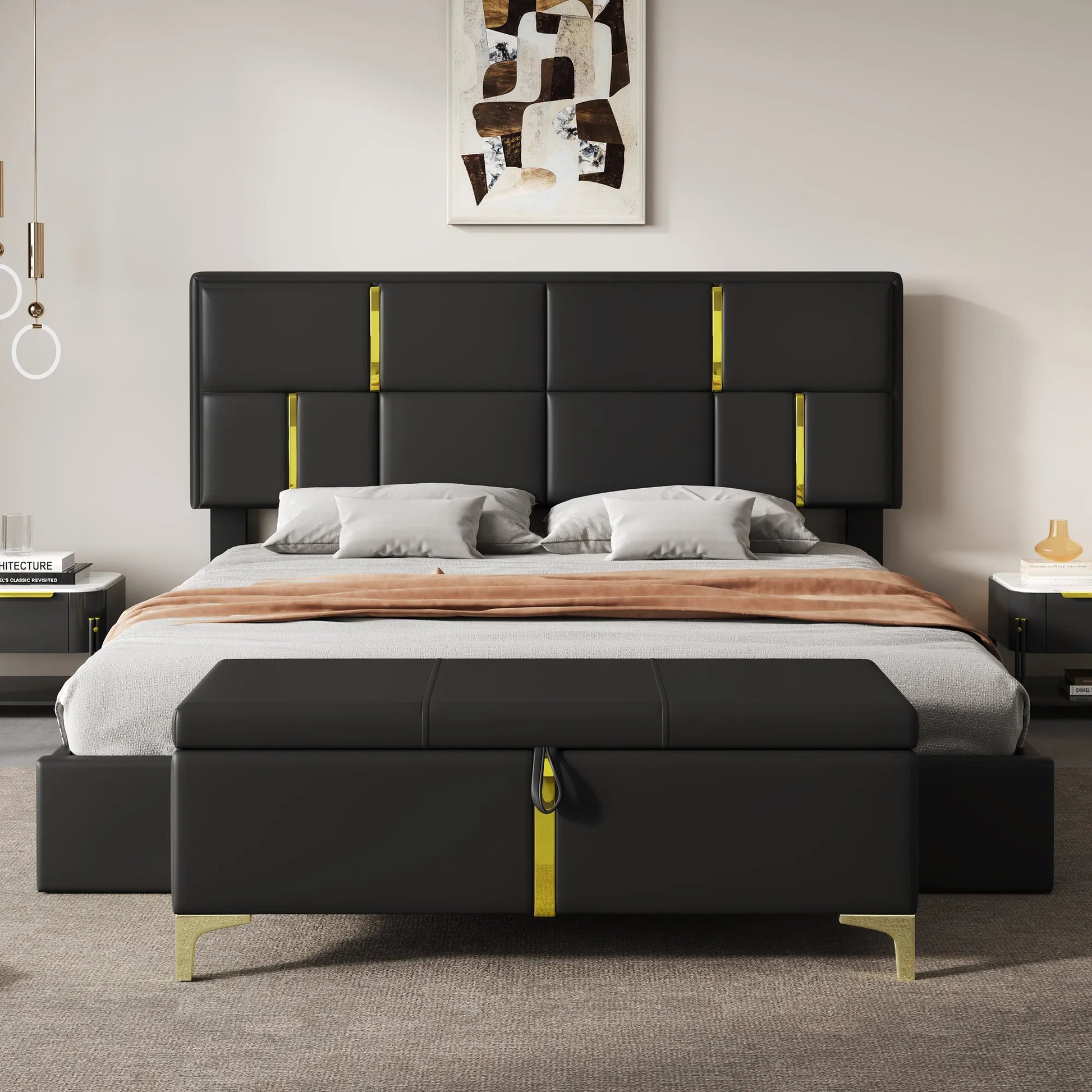 2-Piece Queen Storage Bed and Ottoman Set – Black PU Leather – view 2