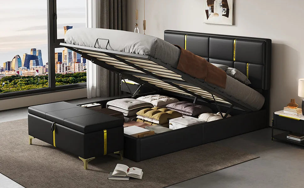2-Piece Queen Storage Bed and Ottoman Set – Black PU Leather – view 11