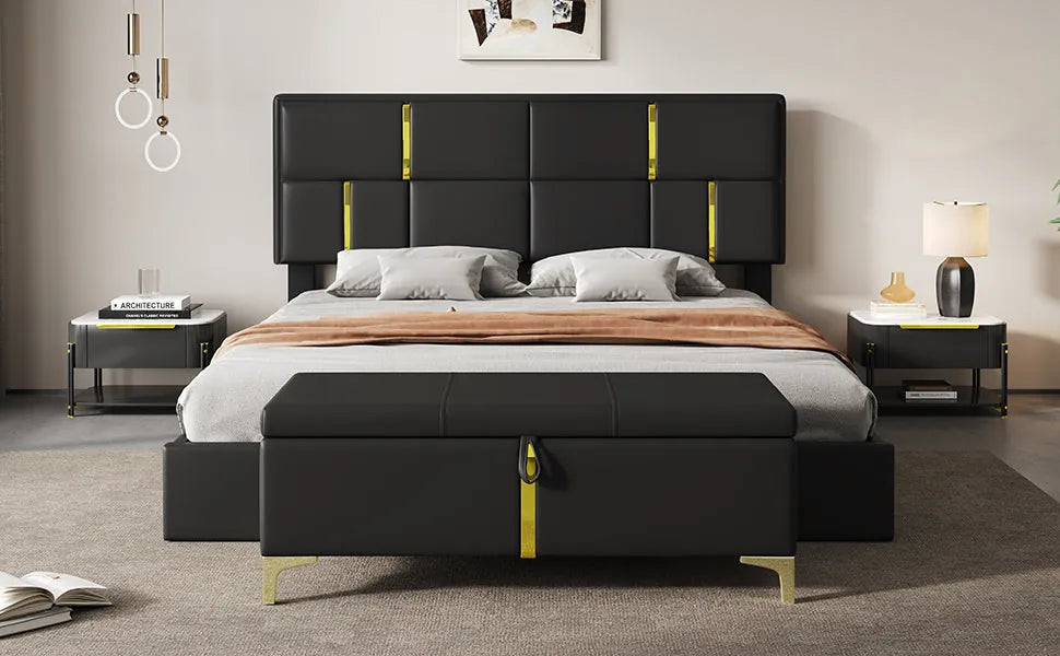 2-Piece Queen Storage Bed and Ottoman Set – Black PU Leather – view 12