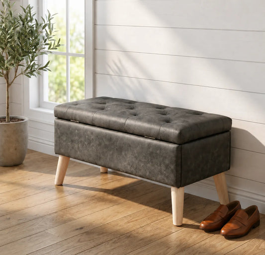 32-Inch Upholstered Storage Ottoman Bench with Built-In Tray – Black Snowflake Velvet – view 1