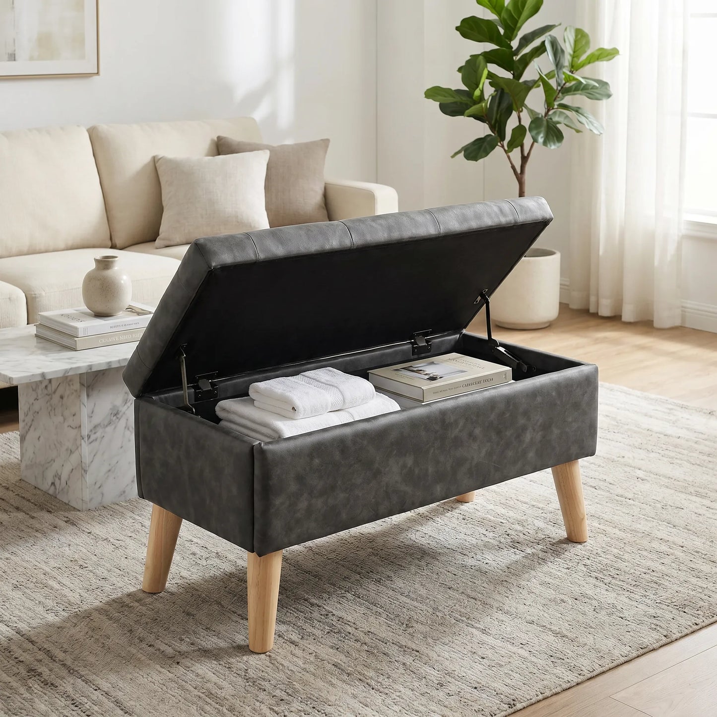 32-Inch Upholstered Storage Ottoman Bench with Built-In Tray – Black Snowflake Velvet – view 3