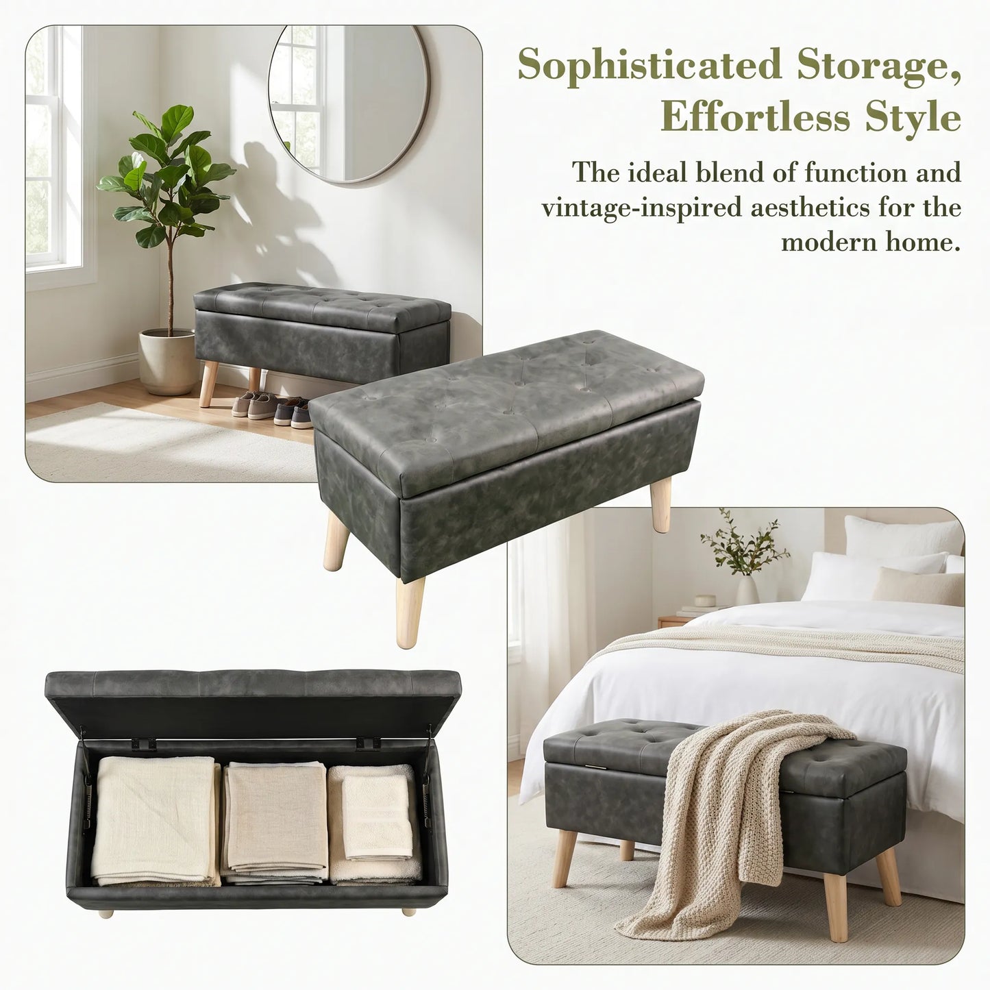 32-Inch Upholstered Storage Ottoman Bench with Built-In Tray – Black Snowflake Velvet – view 6