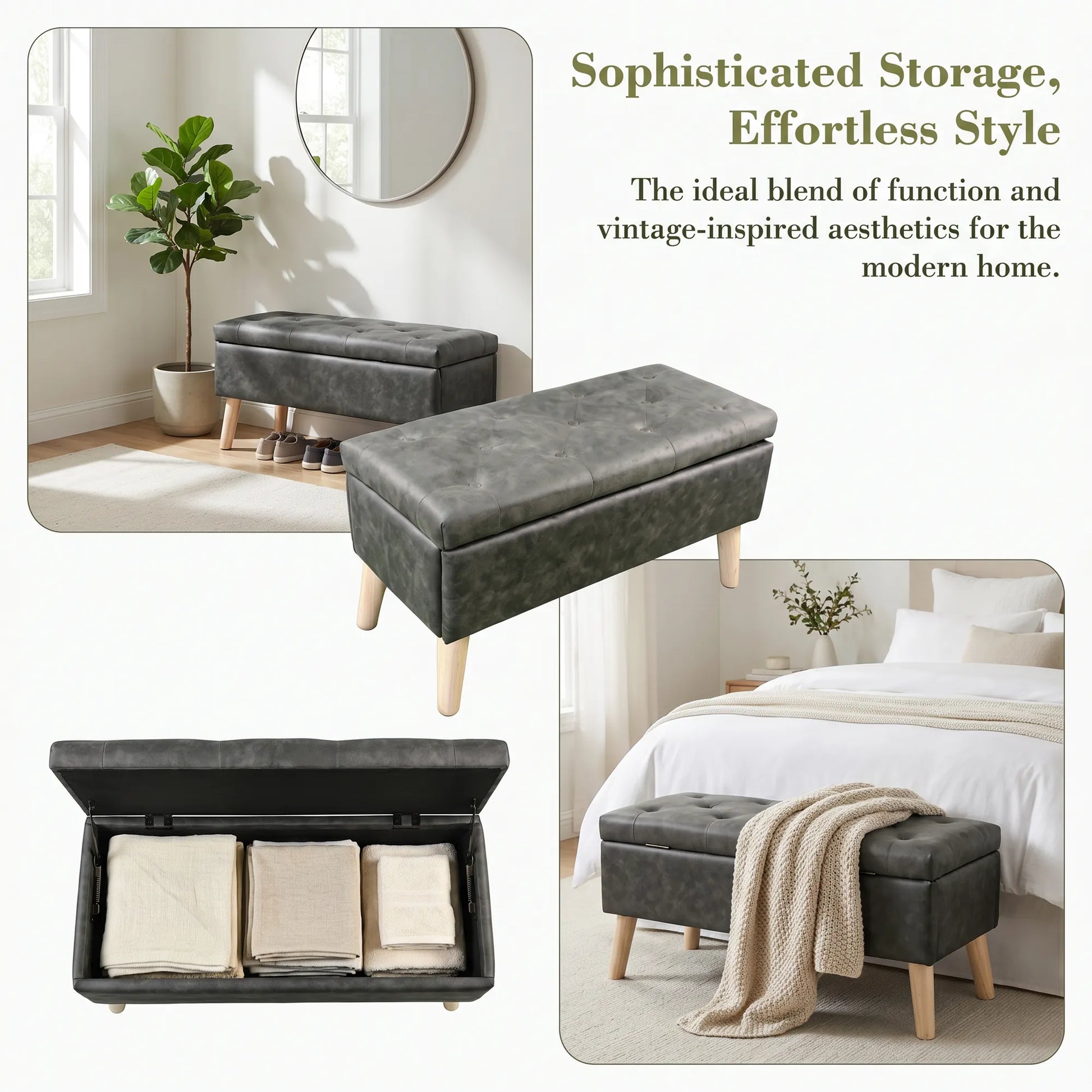 32-Inch Upholstered Storage Ottoman Bench with Built-In Tray – Black Snowflake Velvet – view 6