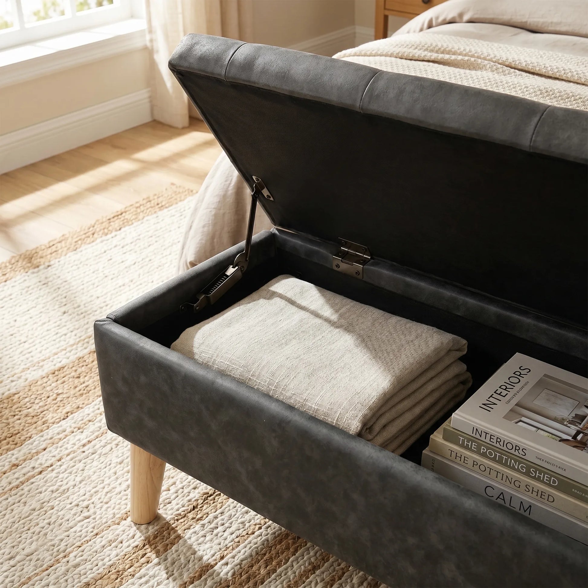 32-Inch Upholstered Storage Ottoman Bench with Built-In Tray – Black Snowflake Velvet – view 8