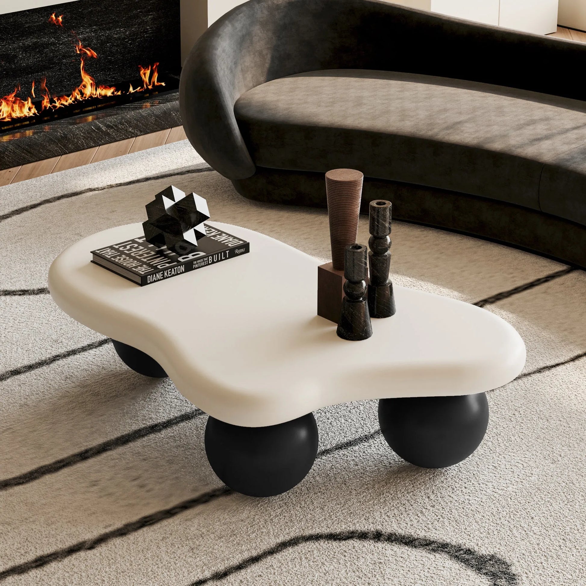 40-Inch Cloud-Shaped MDF Coffee Table – White Top / Black Legs – view 1