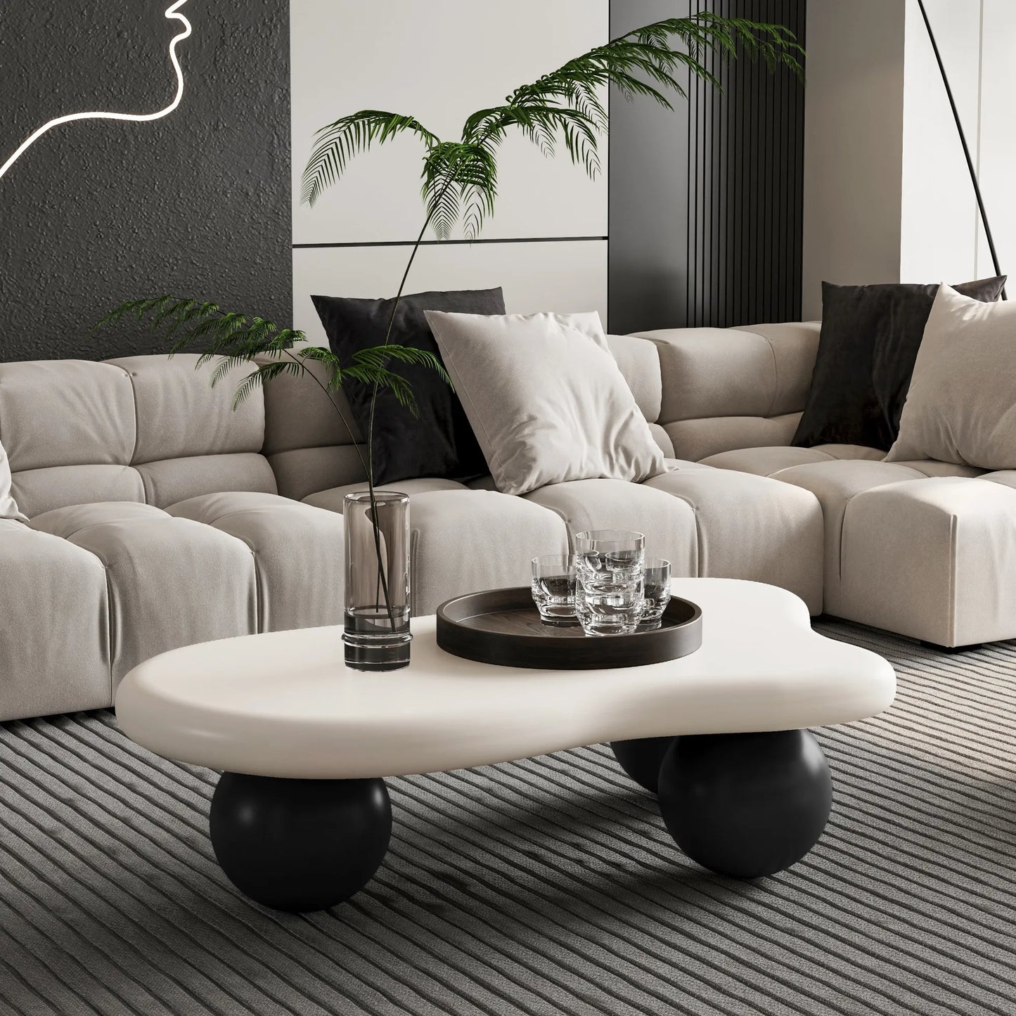 40-Inch Cloud-Shaped MDF Coffee Table – White Top / Black Legs – view 2