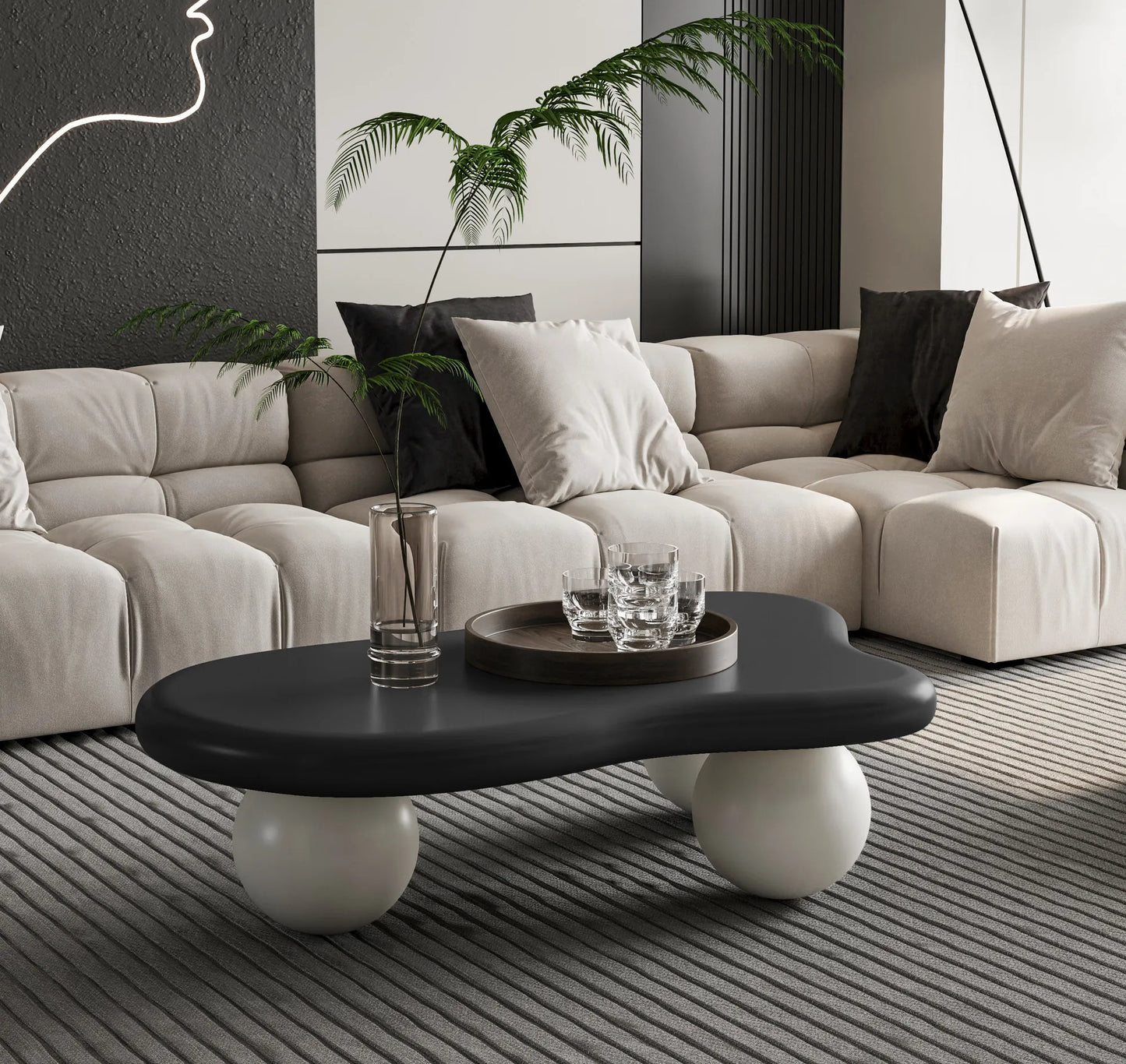 40-Inch Cloud-Shaped MDF Coffee Table – Black Top / White Legs – view 2
