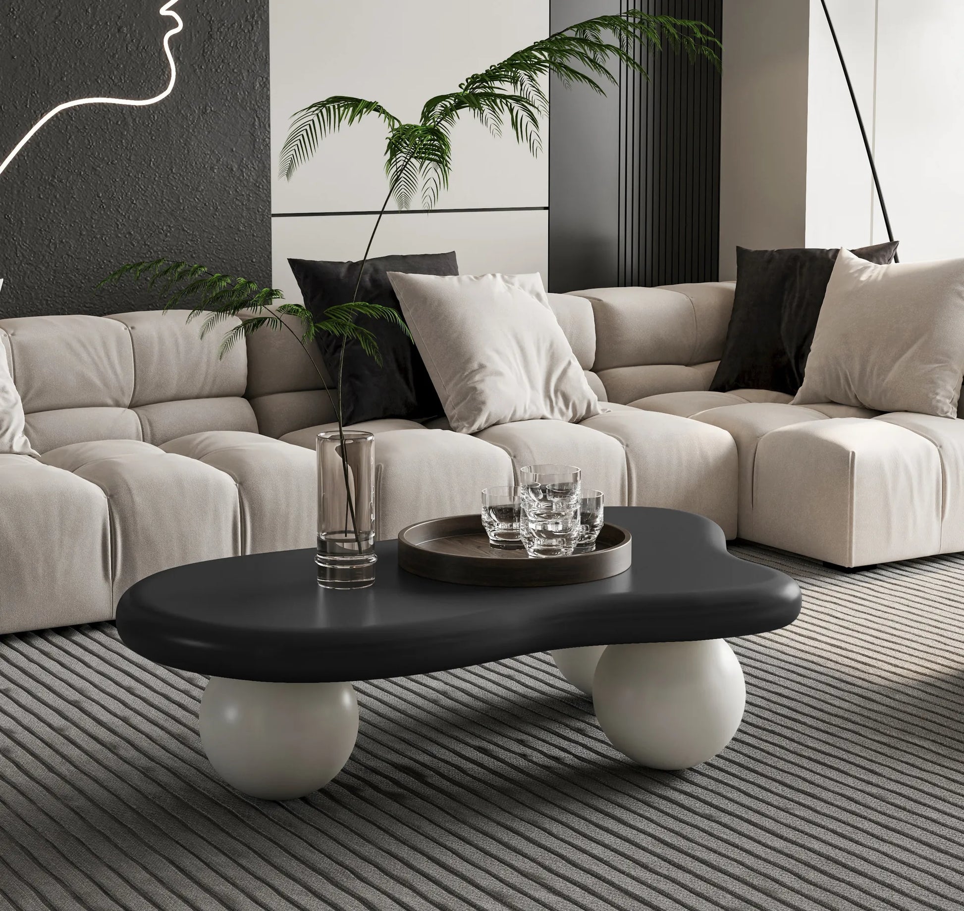 40-Inch Cloud-Shaped MDF Coffee Table – Black Top / White Legs – view 2