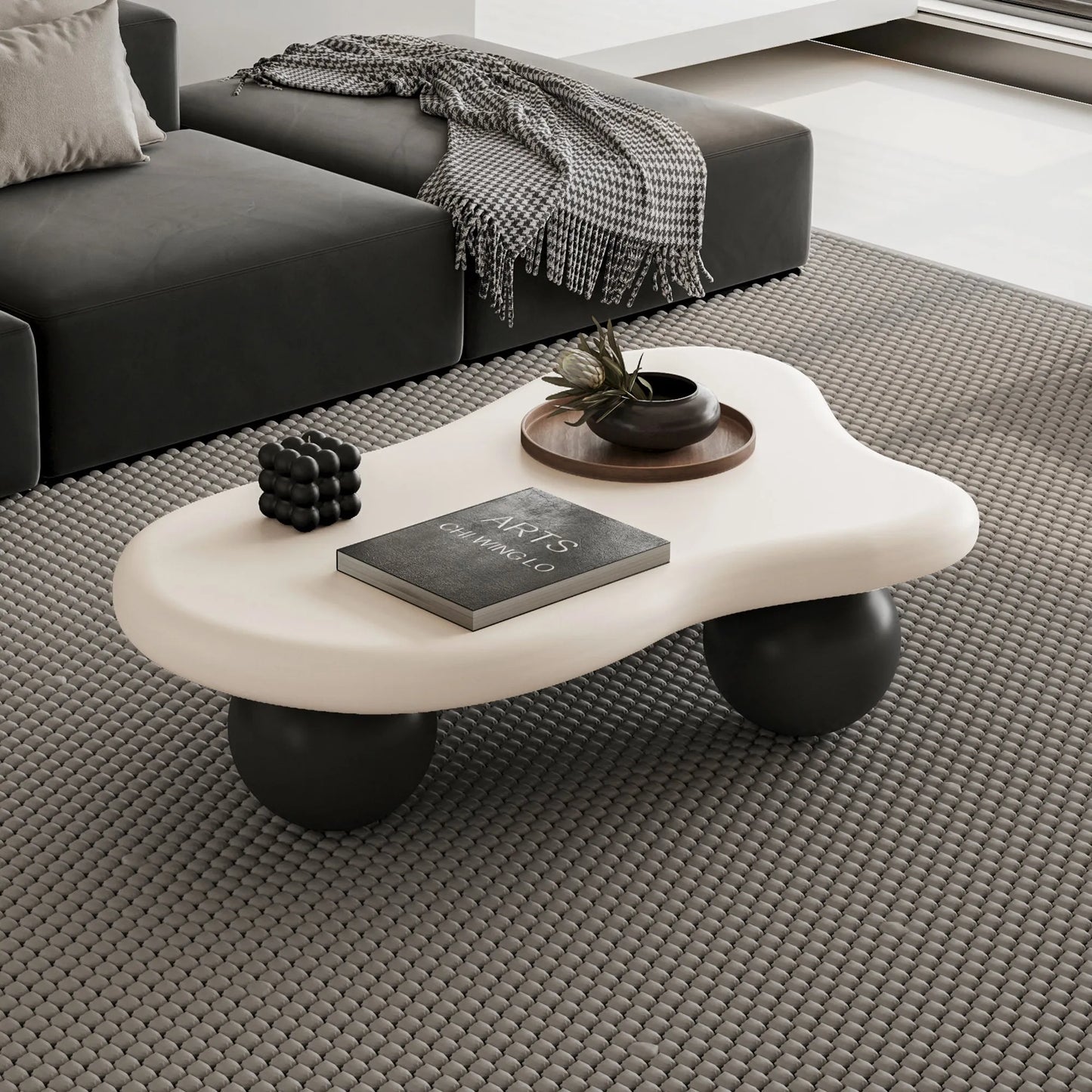40-Inch Cloud-Shaped MDF Coffee Table – White Top / Black Legs – view 3