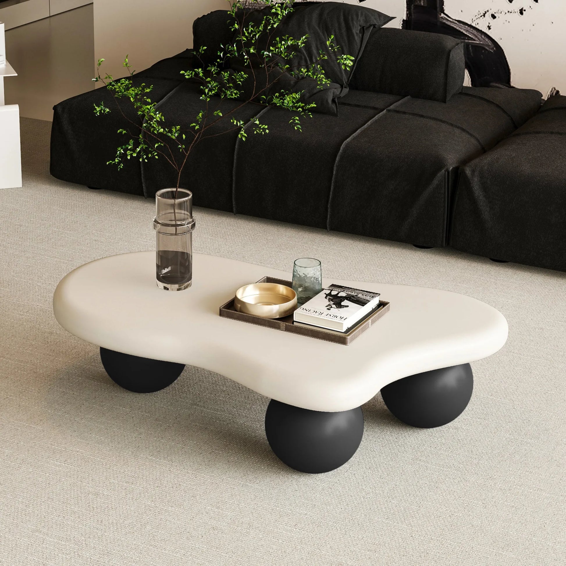 40-Inch Cloud-Shaped MDF Coffee Table – White Top / Black Legs – view 4