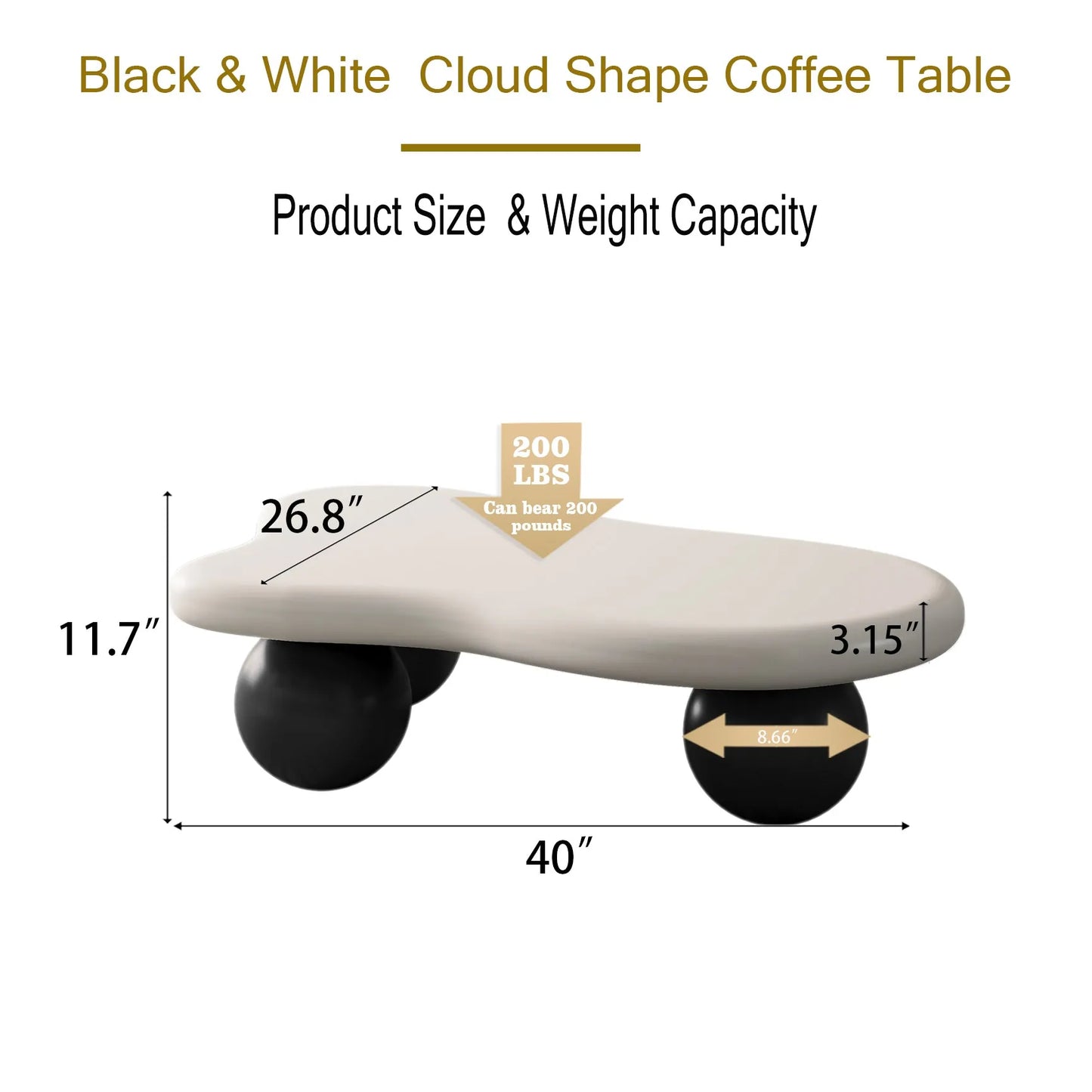 40-Inch Cloud-Shaped MDF Coffee Table – White Top / Black Legs – view 9