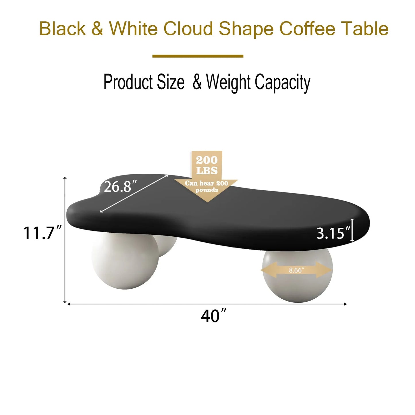 40-Inch Cloud-Shaped MDF Coffee Table – Black Top / White Legs – view 9