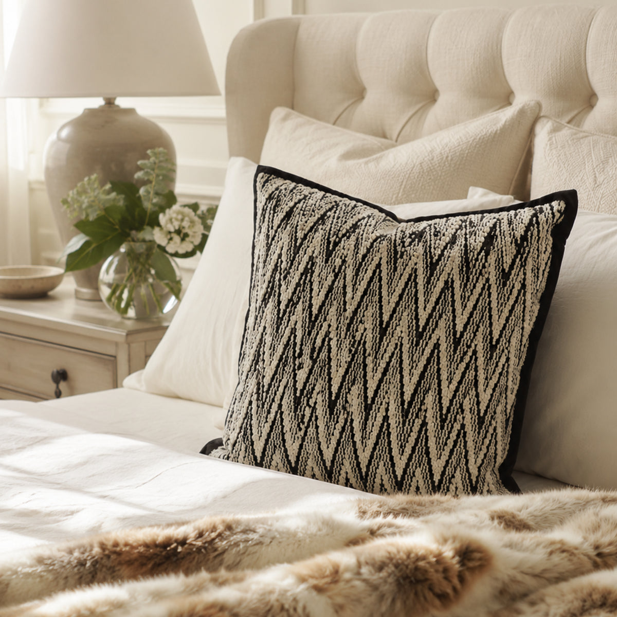 Black and white herringbone cushion styled in a bedroom