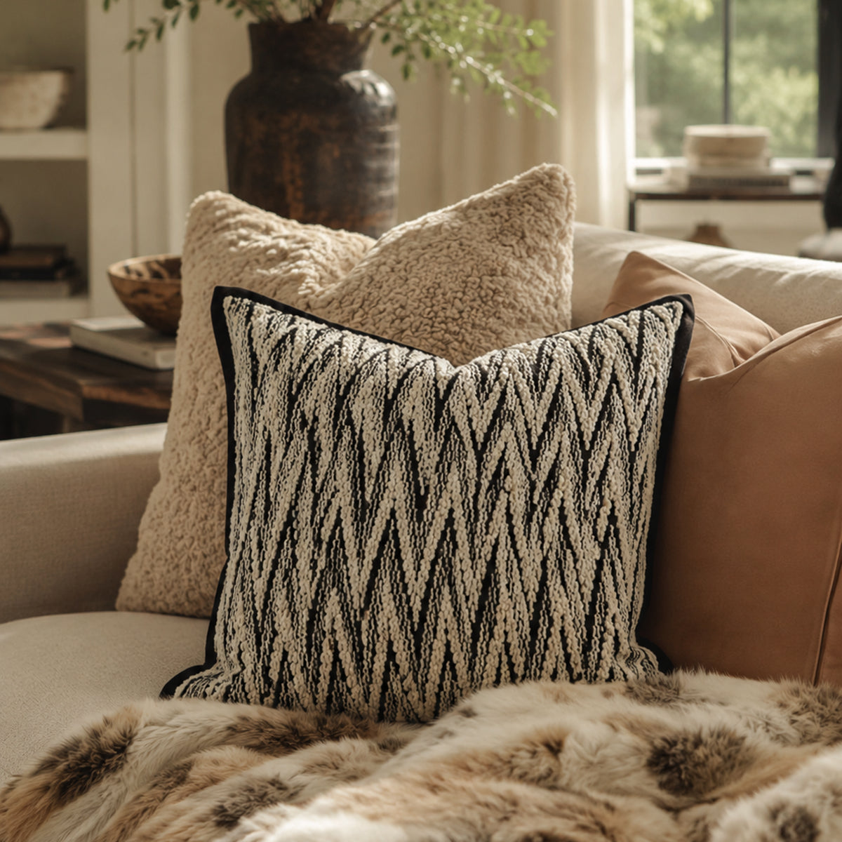 Herringbone cushion layered with neutral textiles on a sofa