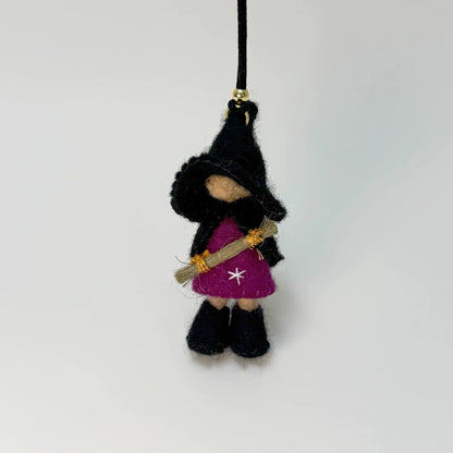 Black handmade wool felt witch bag charm with cord loop
