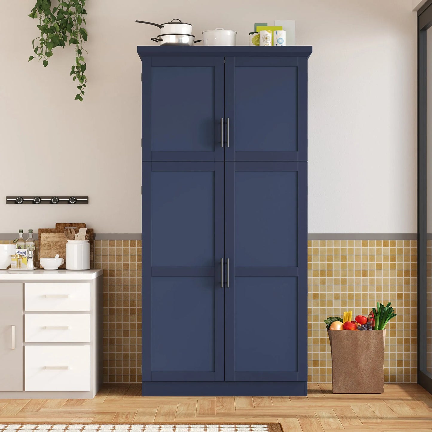 70.9-Inch Freestanding Kitchen Pantry Cabinet with Pull-Out Trays – Blue – view 2