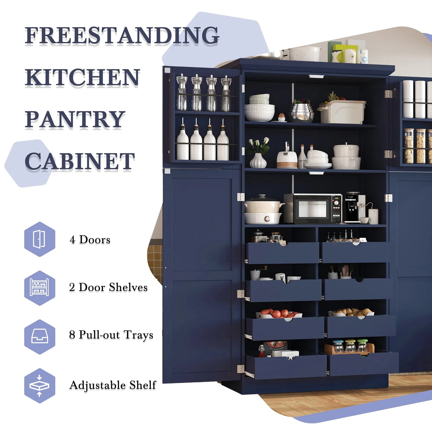 70.9-Inch Freestanding Kitchen Pantry Cabinet with Pull-Out Trays – Blue – view 3