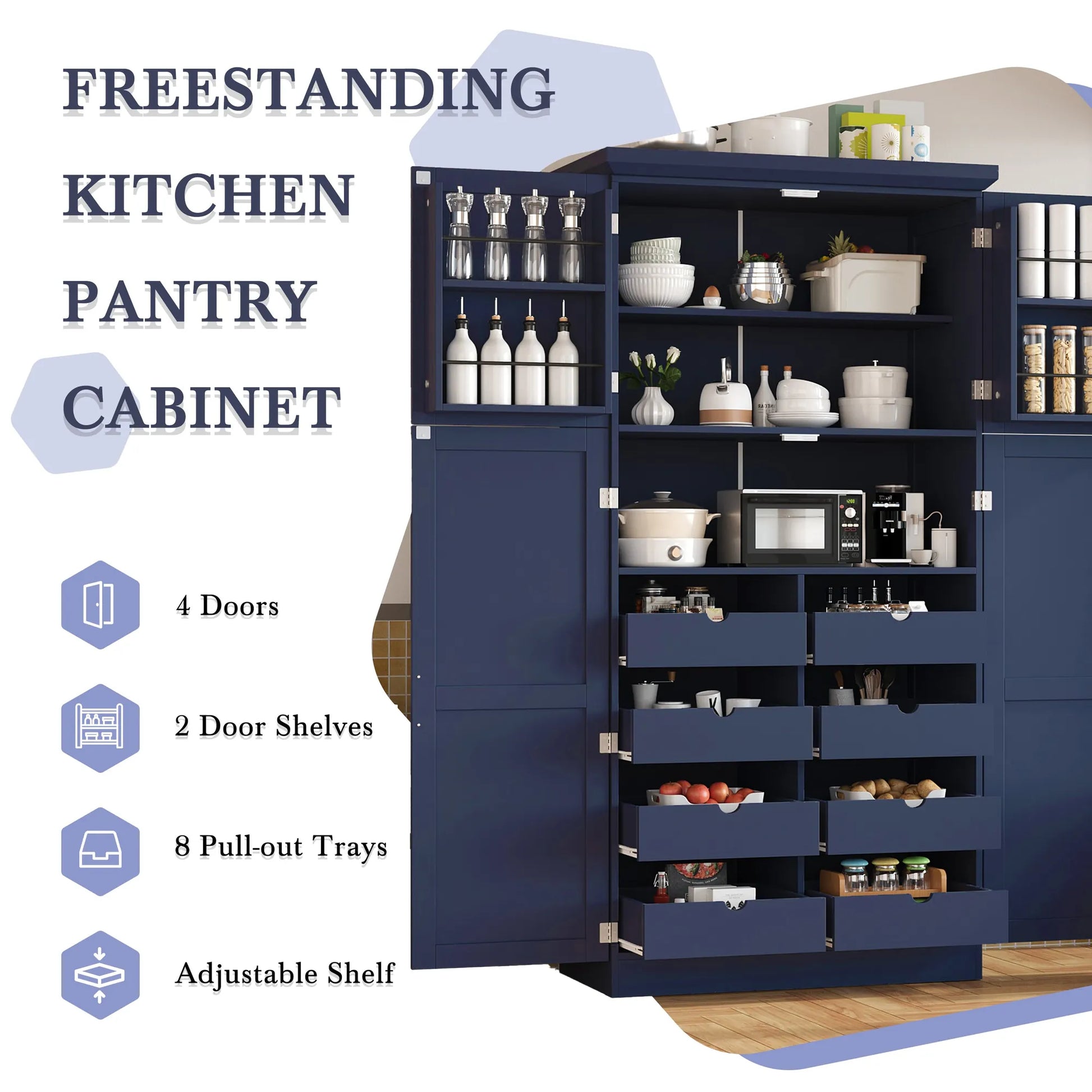70.9-Inch Freestanding Kitchen Pantry Cabinet with Pull-Out Trays – Blue – view 3