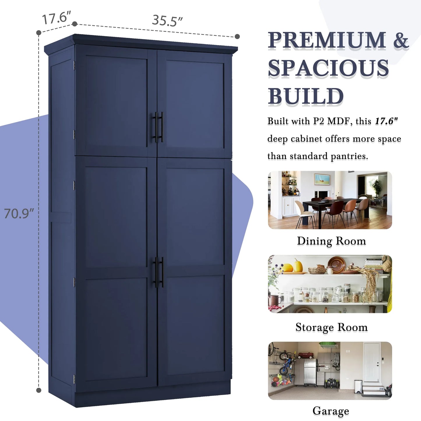 70.9-Inch Freestanding Kitchen Pantry Cabinet with Pull-Out Trays – Blue – view 5