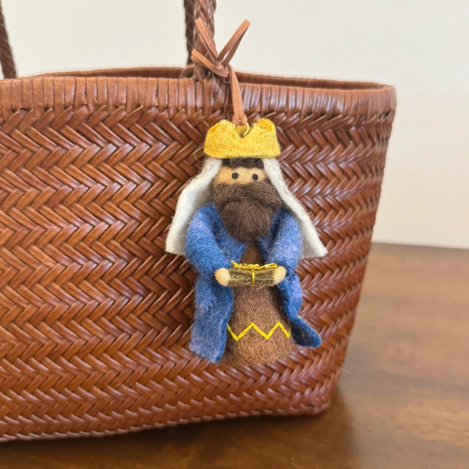 Blue King wool felt bag charm with cord loop