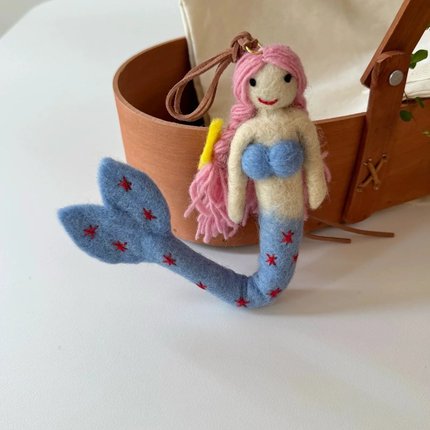 Blue tail wool felt mermaid charm with cord loop