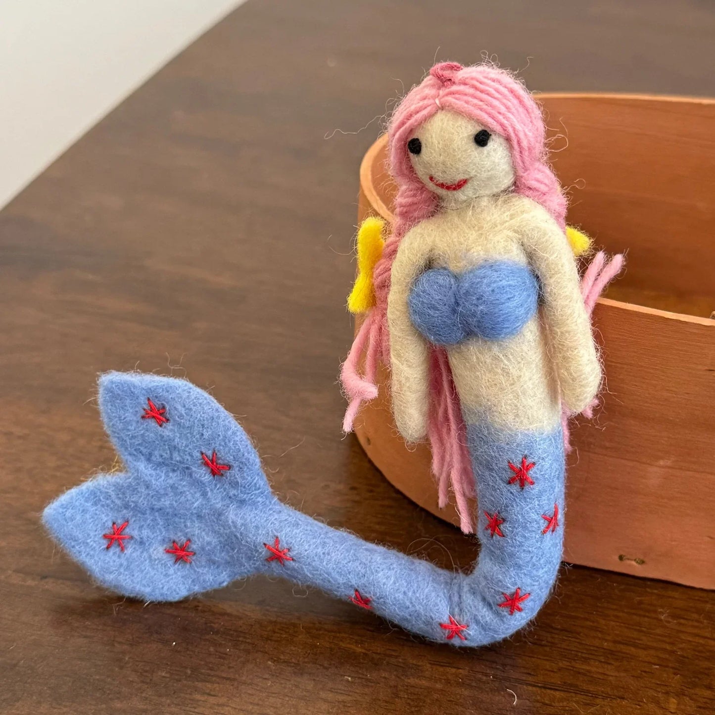 Blue tail wool felt mermaid charm with cord and keyring