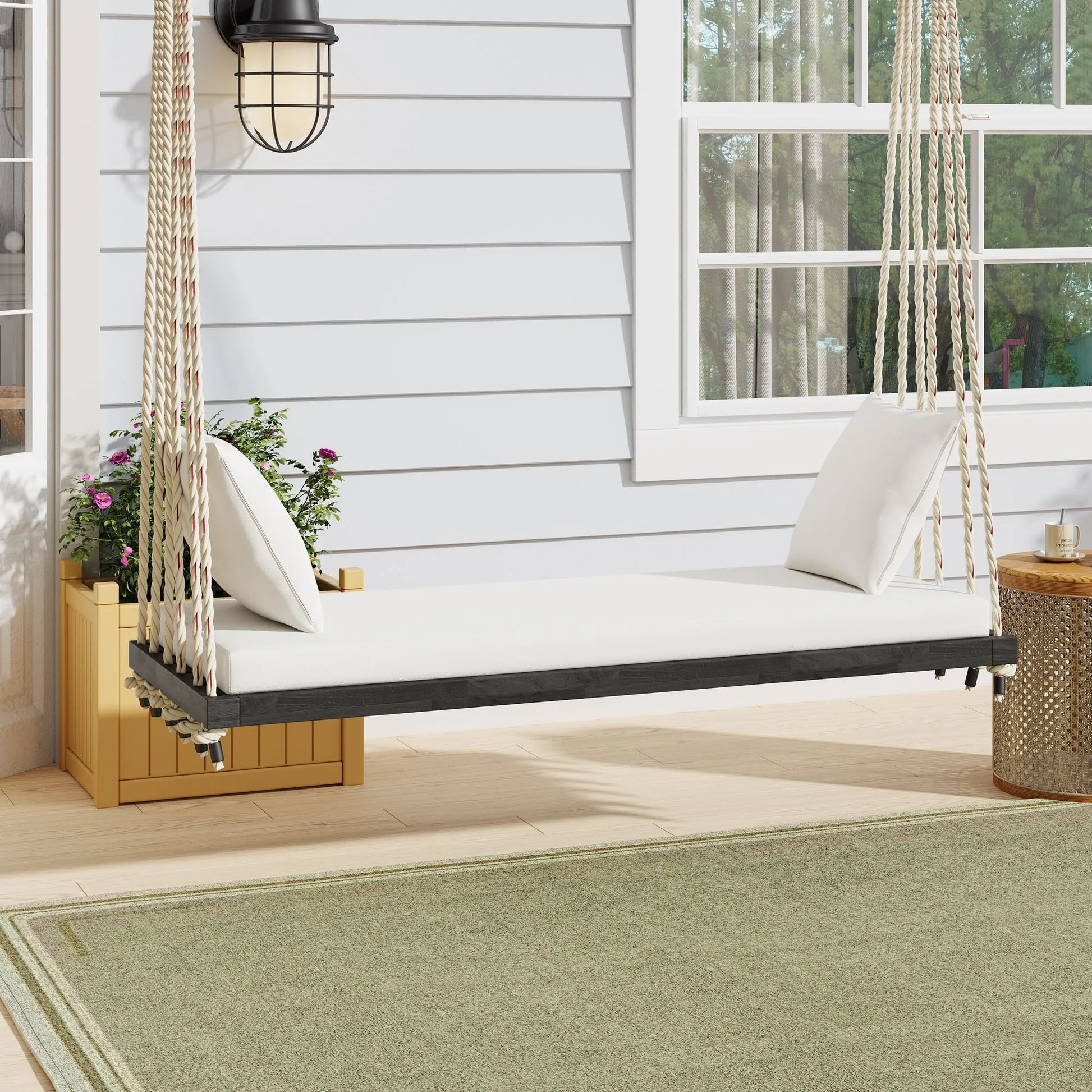 Acacia Wood Porch Swing Bench with Cushions – Brown – view 1