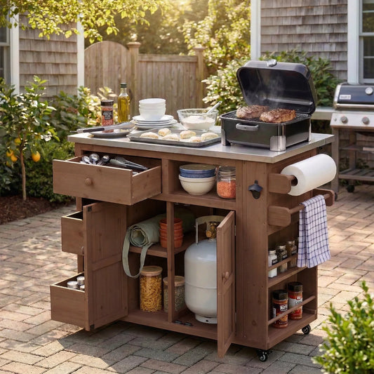 Extendable Outdoor Kitchen Island with Stainless-Steel Top – Brown – view 1