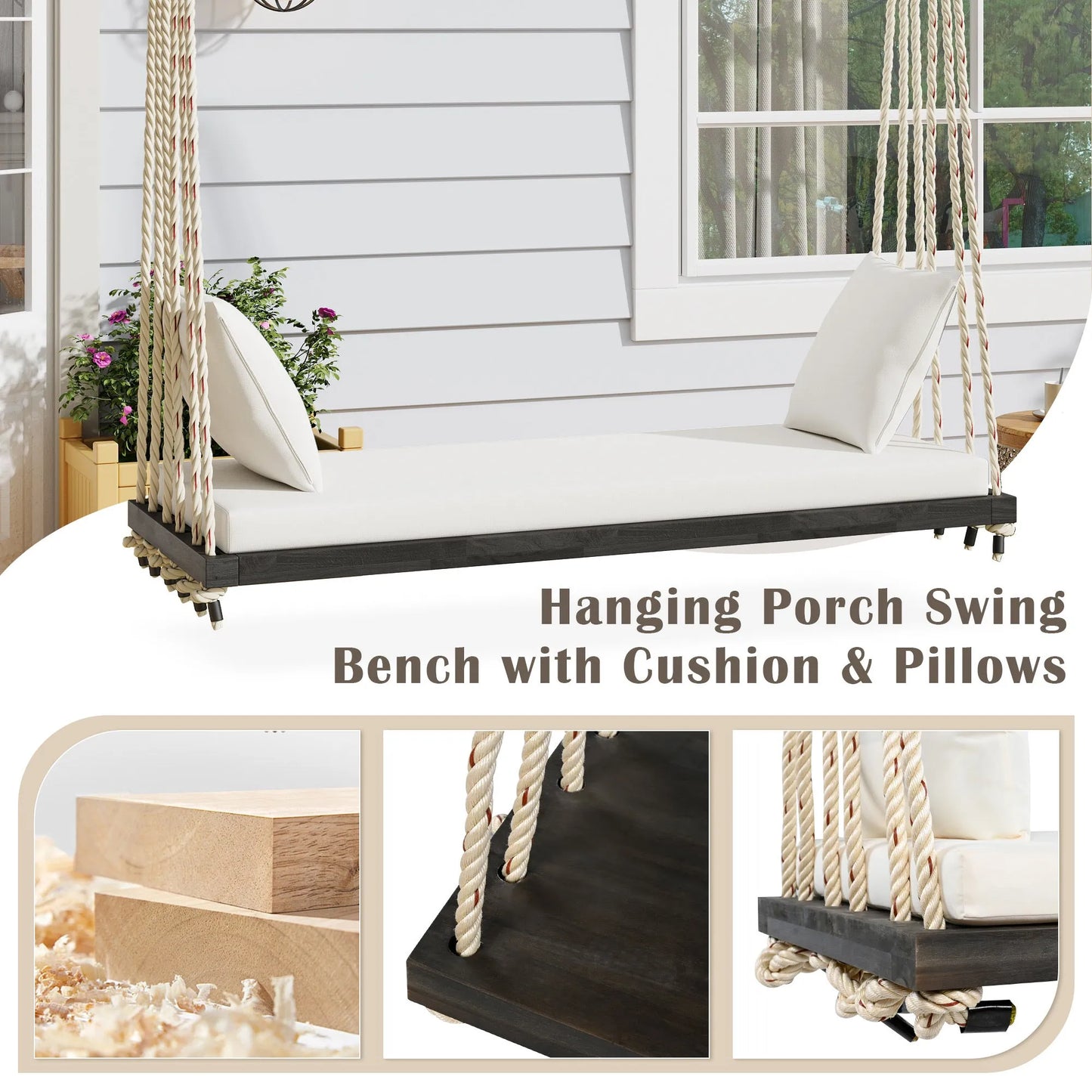 Acacia Wood Porch Swing Bench with Cushions – Brown – view 2