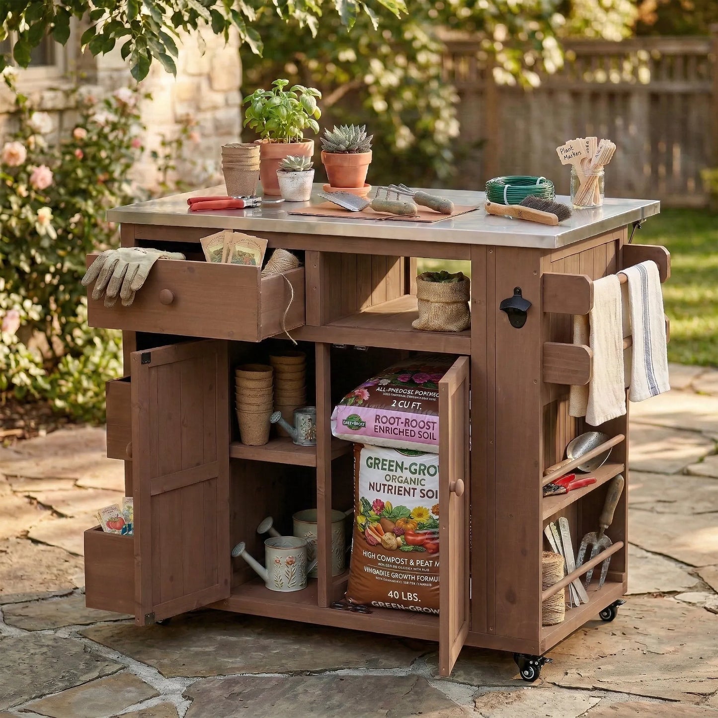 Extendable Outdoor Kitchen Island with Stainless-Steel Top – Brown – view 2