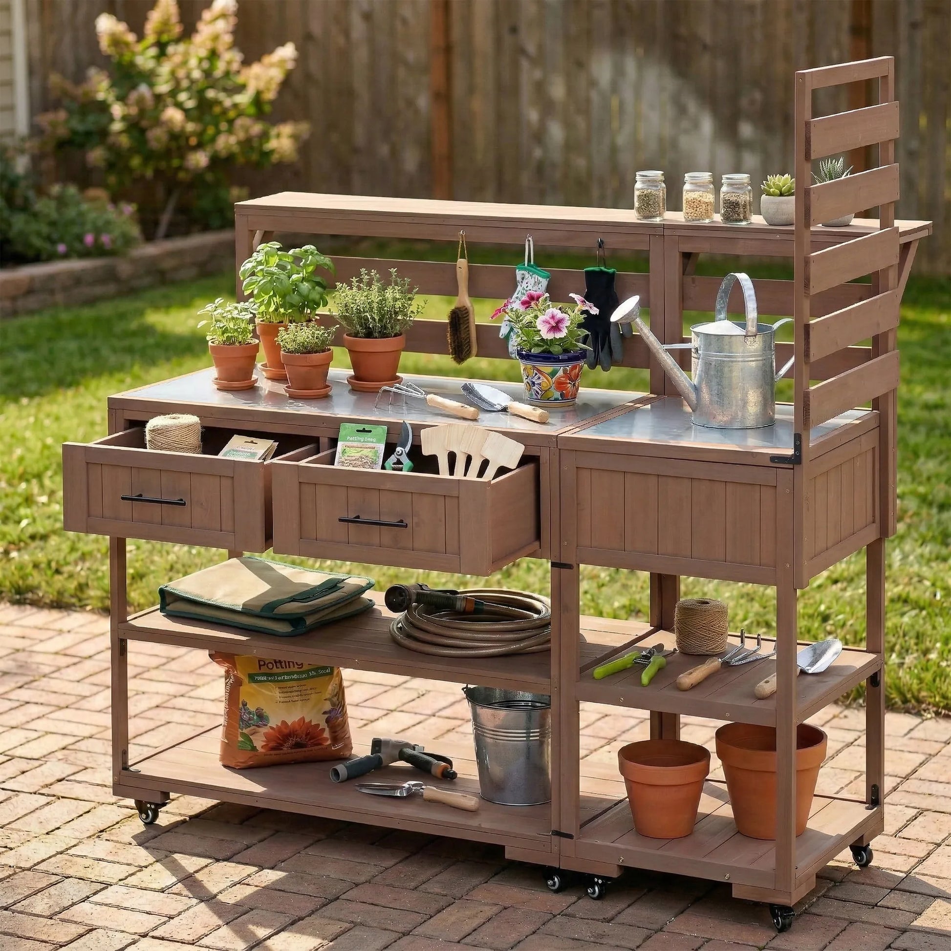 62.3-Inch Outdoor Kitchen Island with Stainless-Steel Top – Brown – view 2
