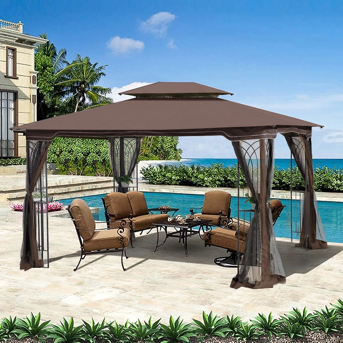 13 × 10-Foot Double-Roof Patio Gazebo with Mosquito Netting – Brown – view 2