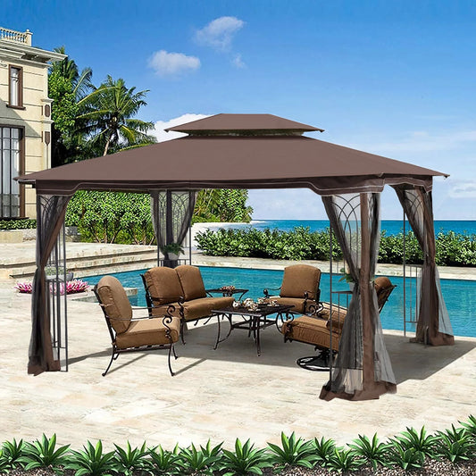 13 × 10-Foot Double-Roof Patio Gazebo with Mosquito Netting – Brown – view 2