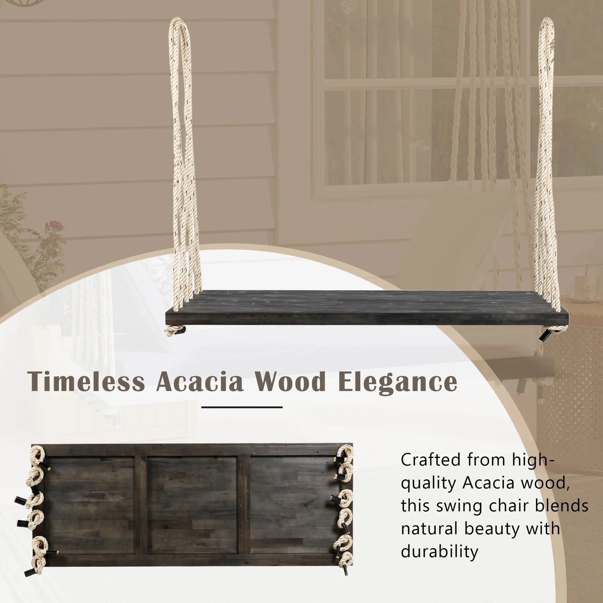 Acacia Wood Porch Swing Bench with Cushions – Brown – view 3