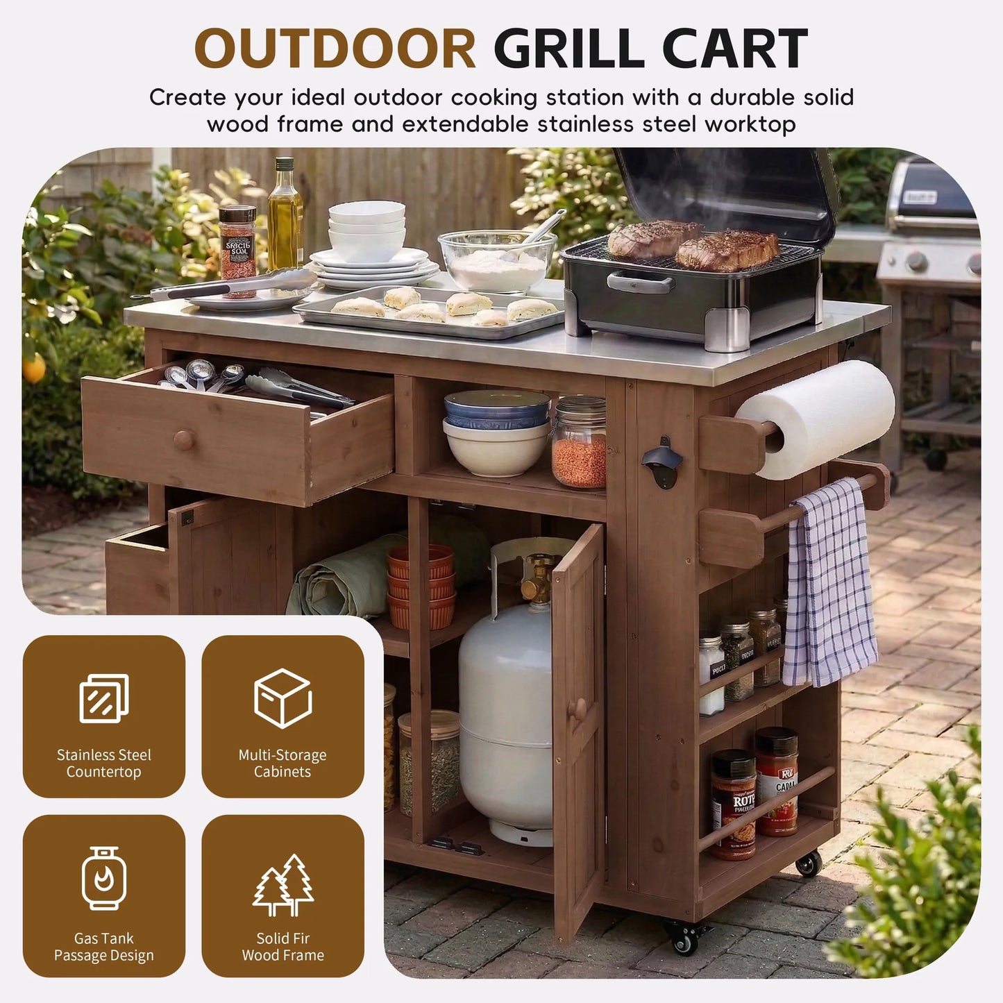 Extendable Outdoor Kitchen Island with Stainless-Steel Top – Brown – view 3