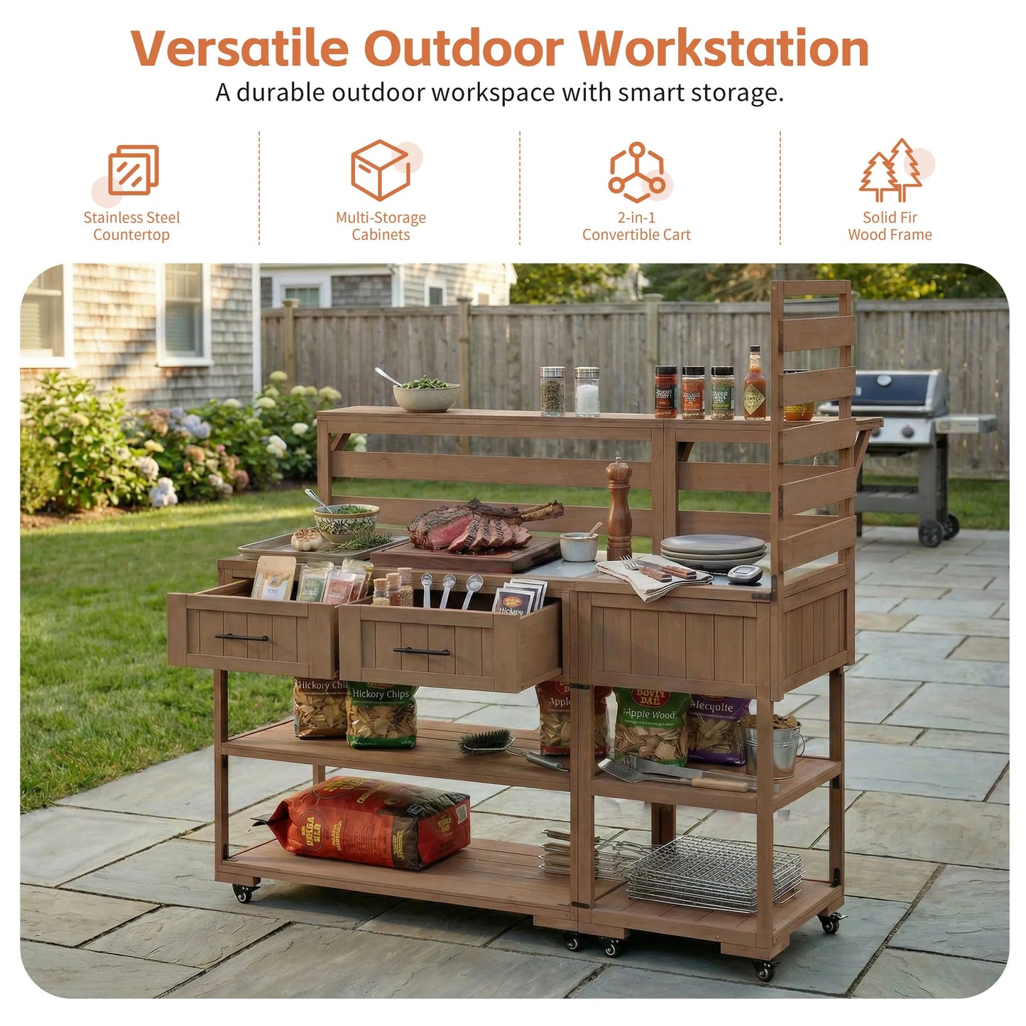62.3-Inch Outdoor Kitchen Island with Stainless-Steel Top – Brown – view 3