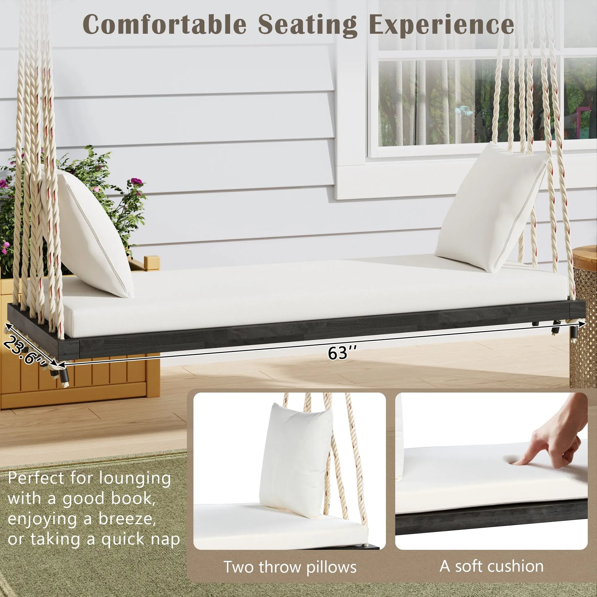 Acacia Wood Porch Swing Bench with Cushions – Brown – view 4