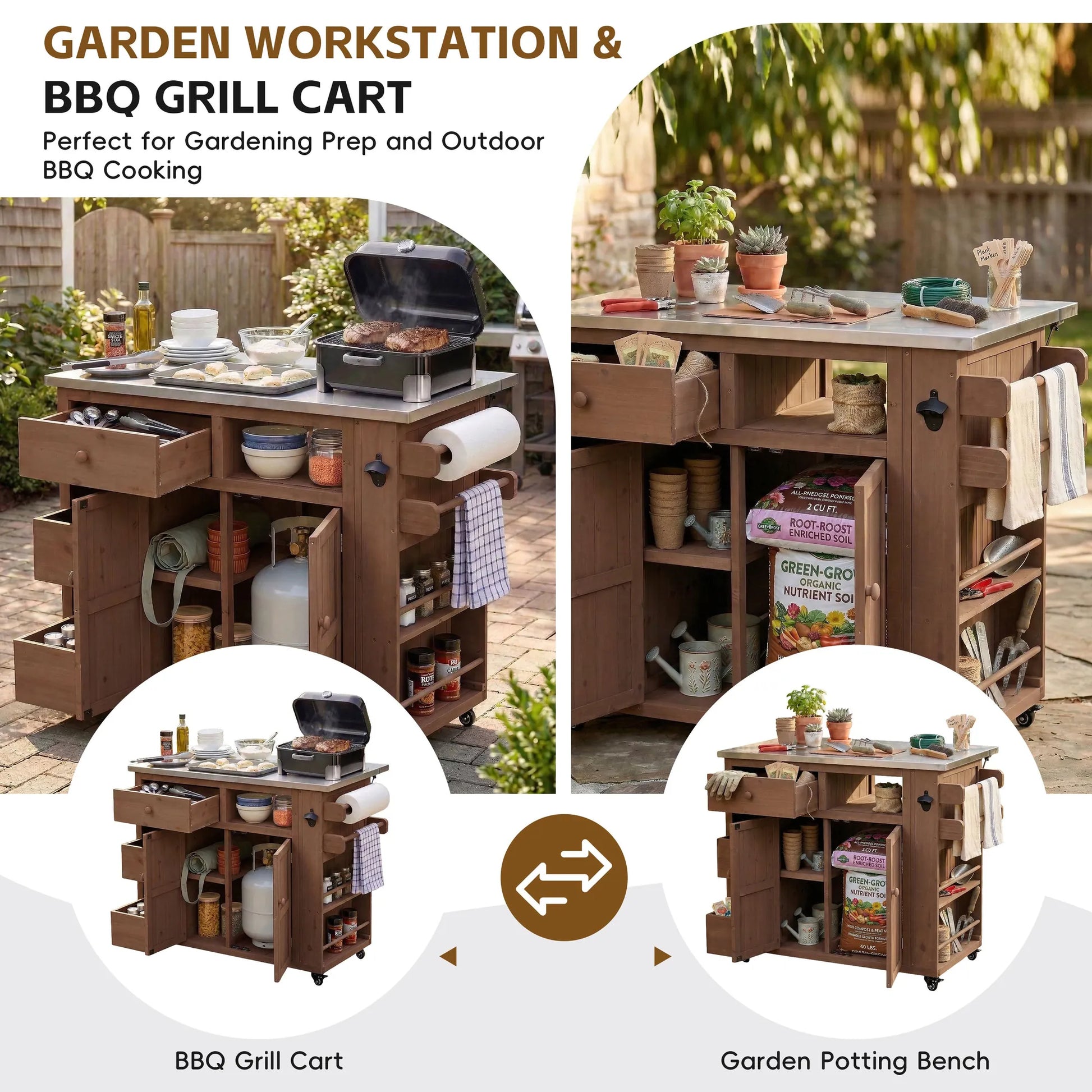Extendable Outdoor Kitchen Island with Stainless-Steel Top – Brown – view 4