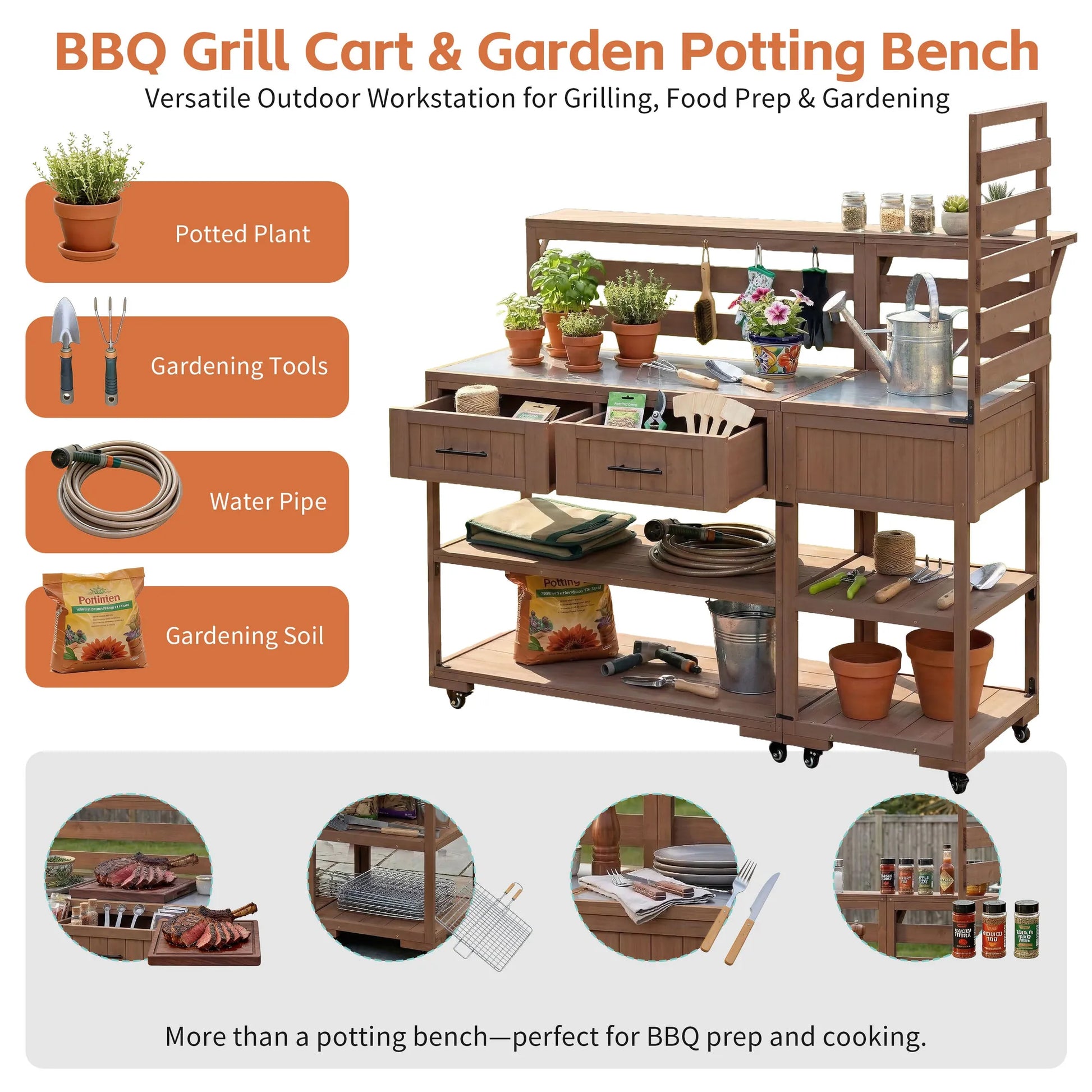 62.3-Inch Outdoor Kitchen Island with Stainless-Steel Top – Brown – view 4