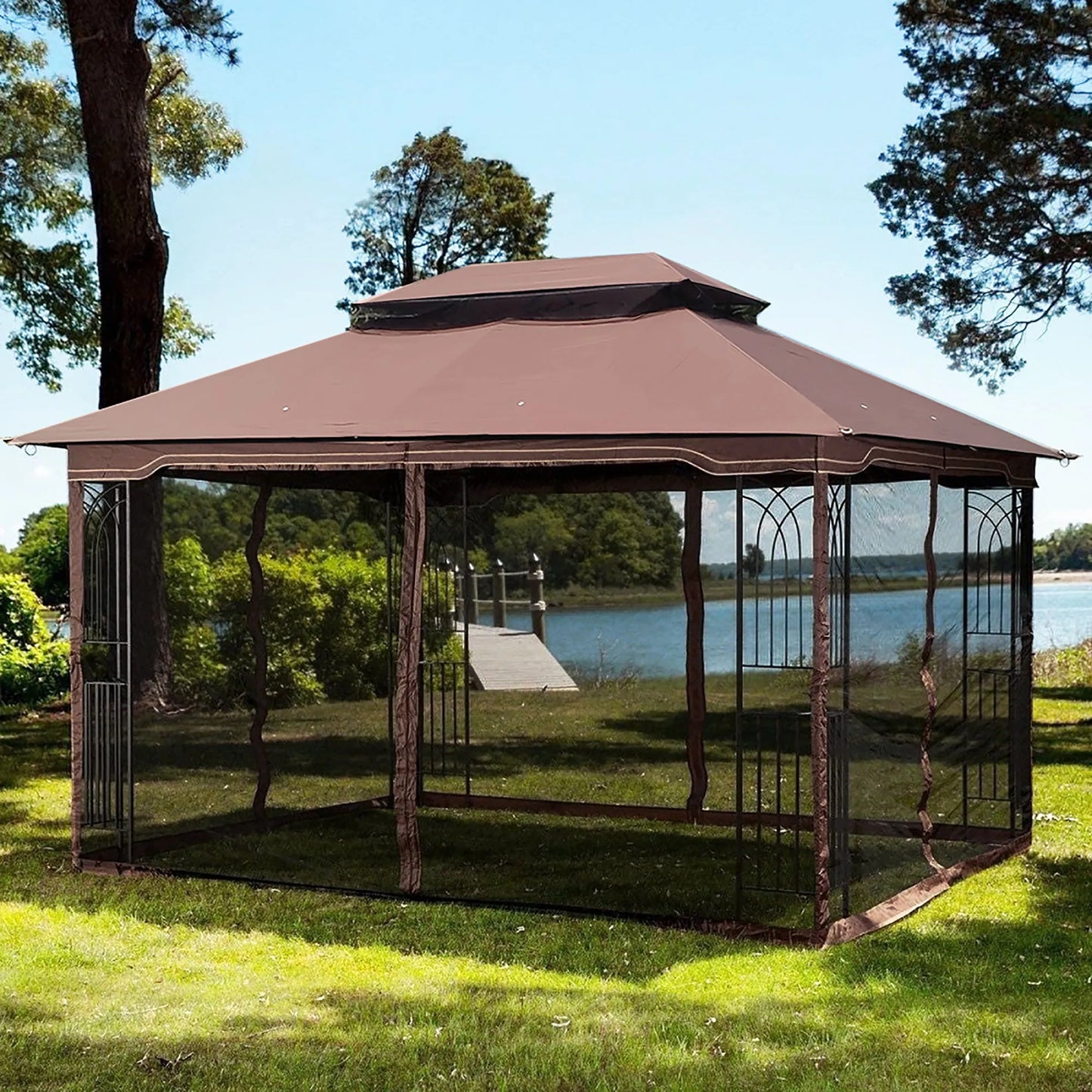 13 × 10-Foot Double-Roof Patio Gazebo with Mosquito Netting – Brown – view 4
