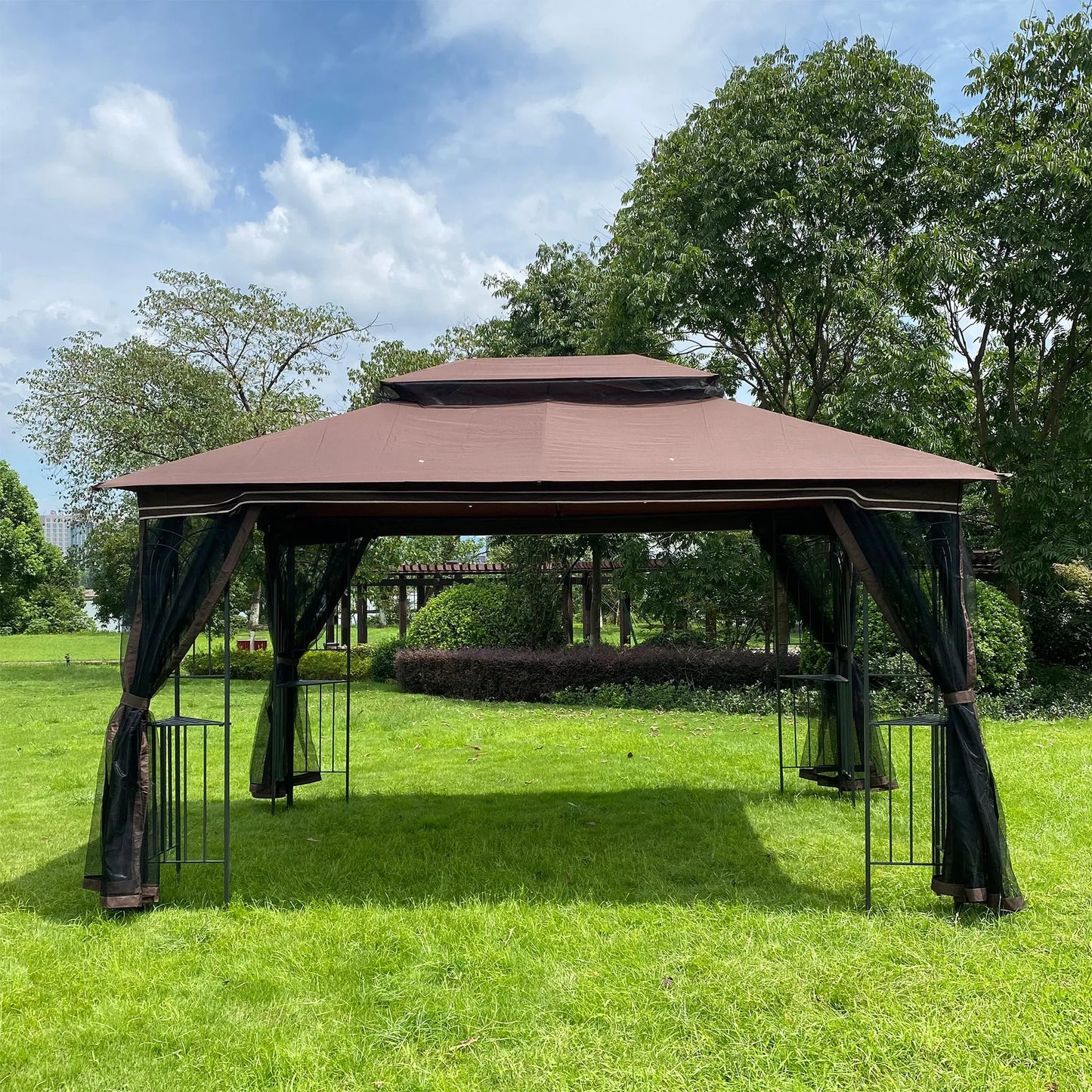 13 × 10-Foot Double-Roof Patio Gazebo with Mosquito Netting – Brown – view 5