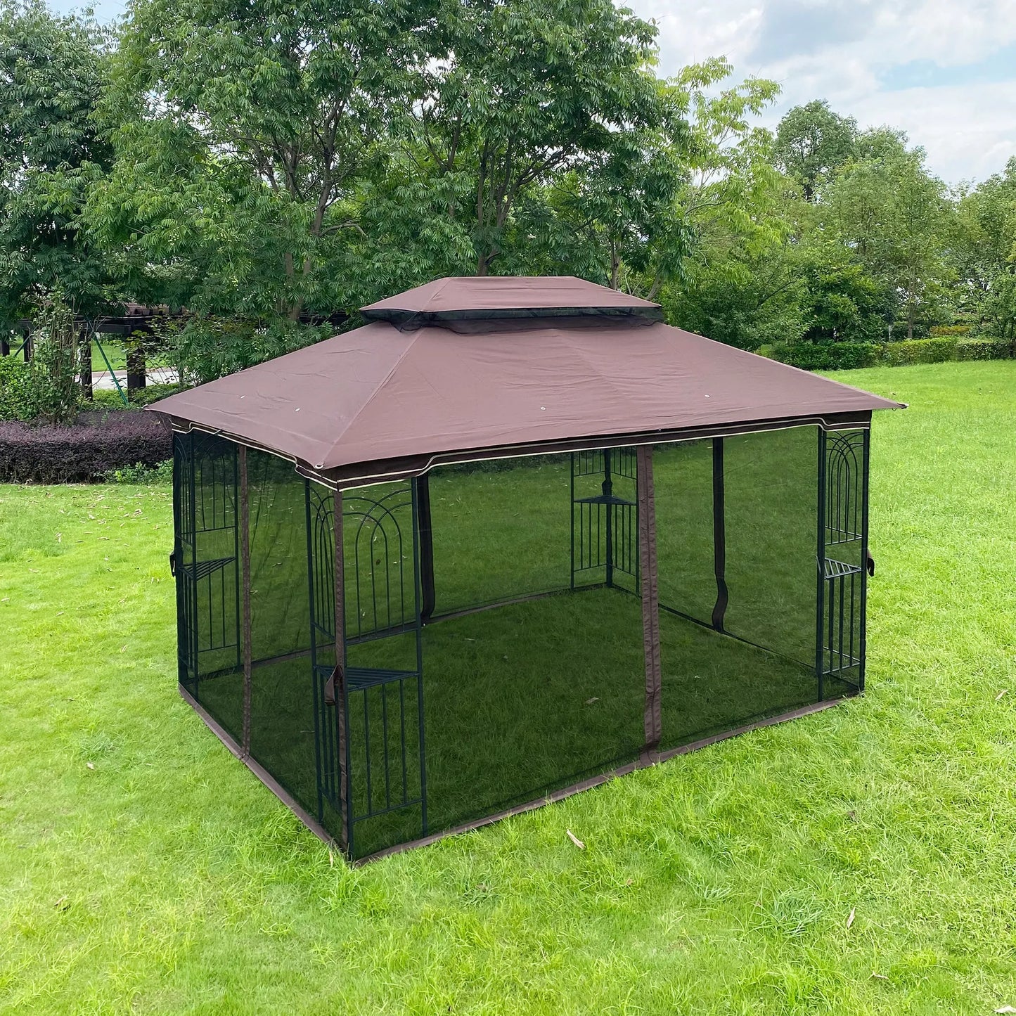 13 × 10-Foot Double-Roof Patio Gazebo with Mosquito Netting – Brown – view 6