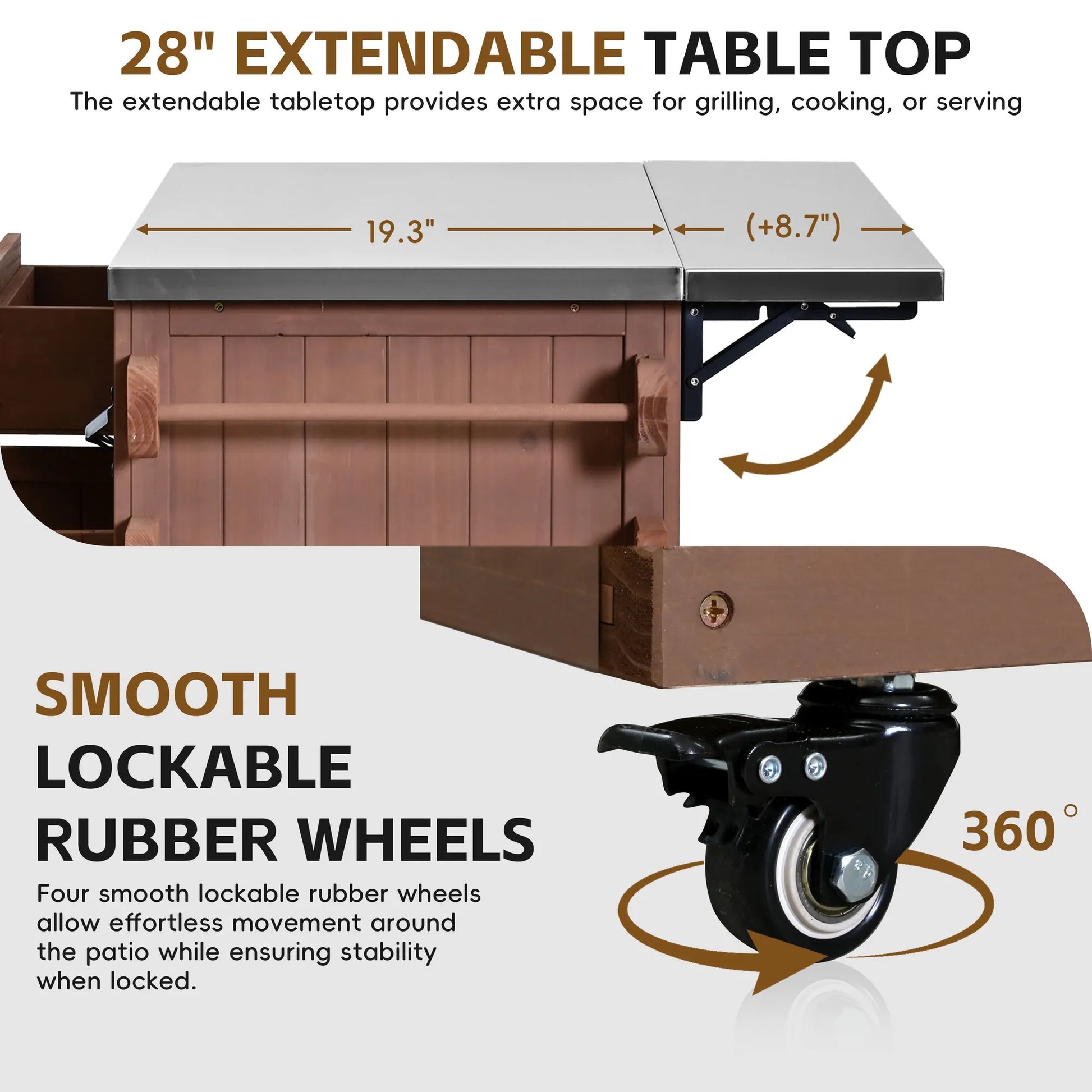 Extendable Outdoor Kitchen Island with Stainless-Steel Top – Brown – view 7