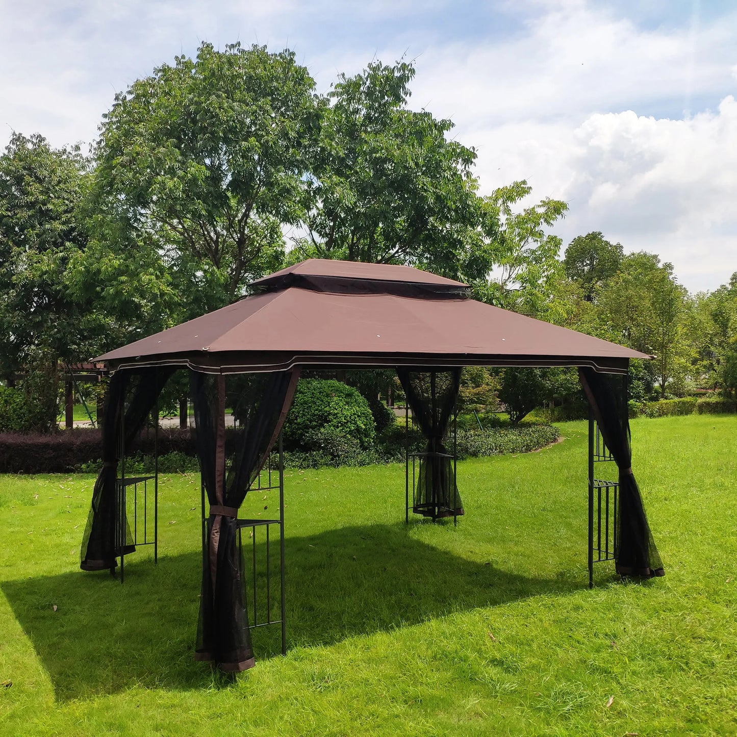13 × 10-Foot Double-Roof Patio Gazebo with Mosquito Netting – Brown – view 7