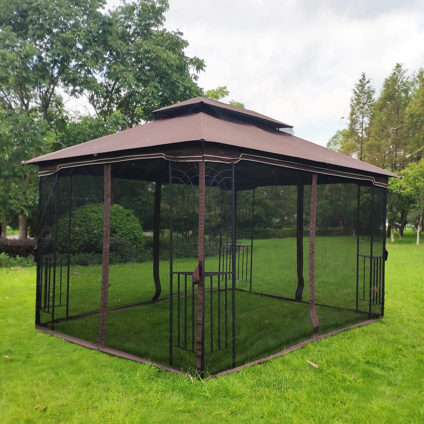 13 × 10-Foot Double-Roof Patio Gazebo with Mosquito Netting – Brown – view 8