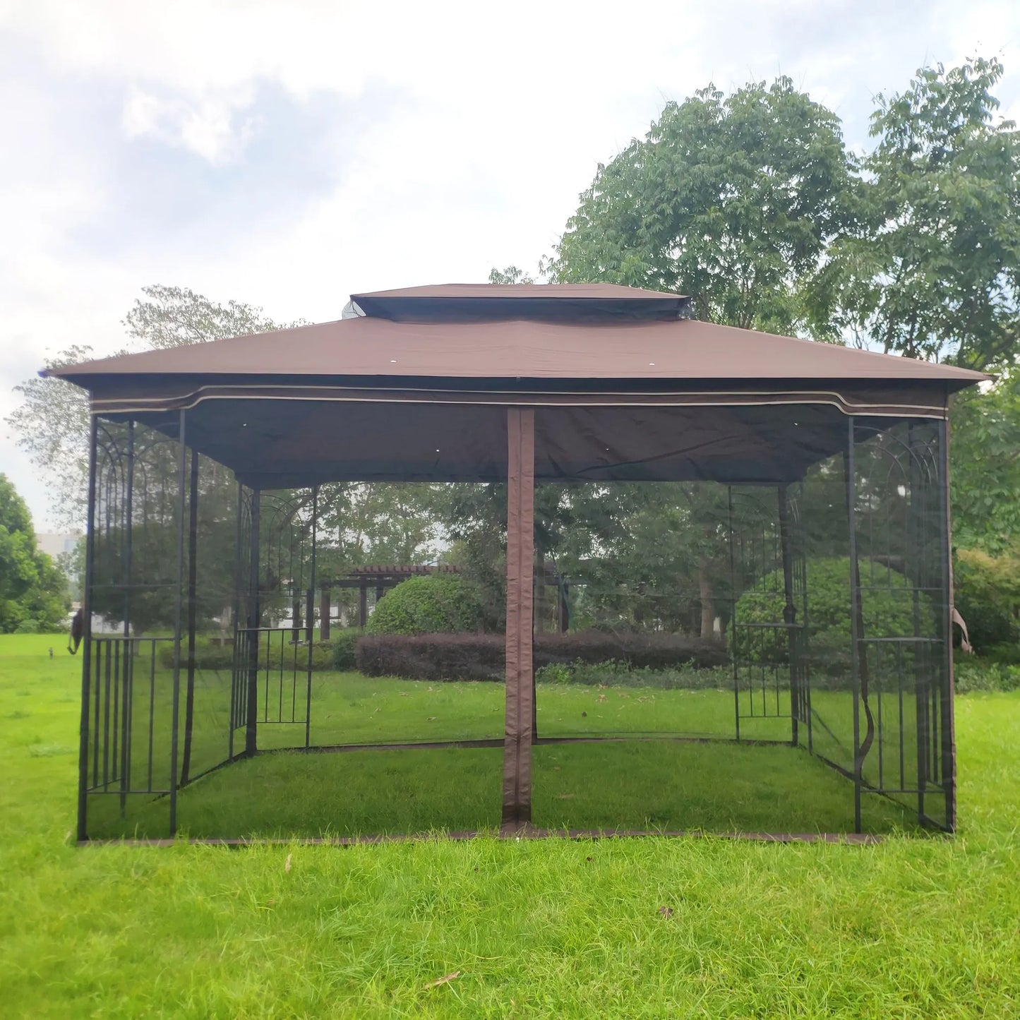 13 × 10-Foot Double-Roof Patio Gazebo with Mosquito Netting – Brown – view 9