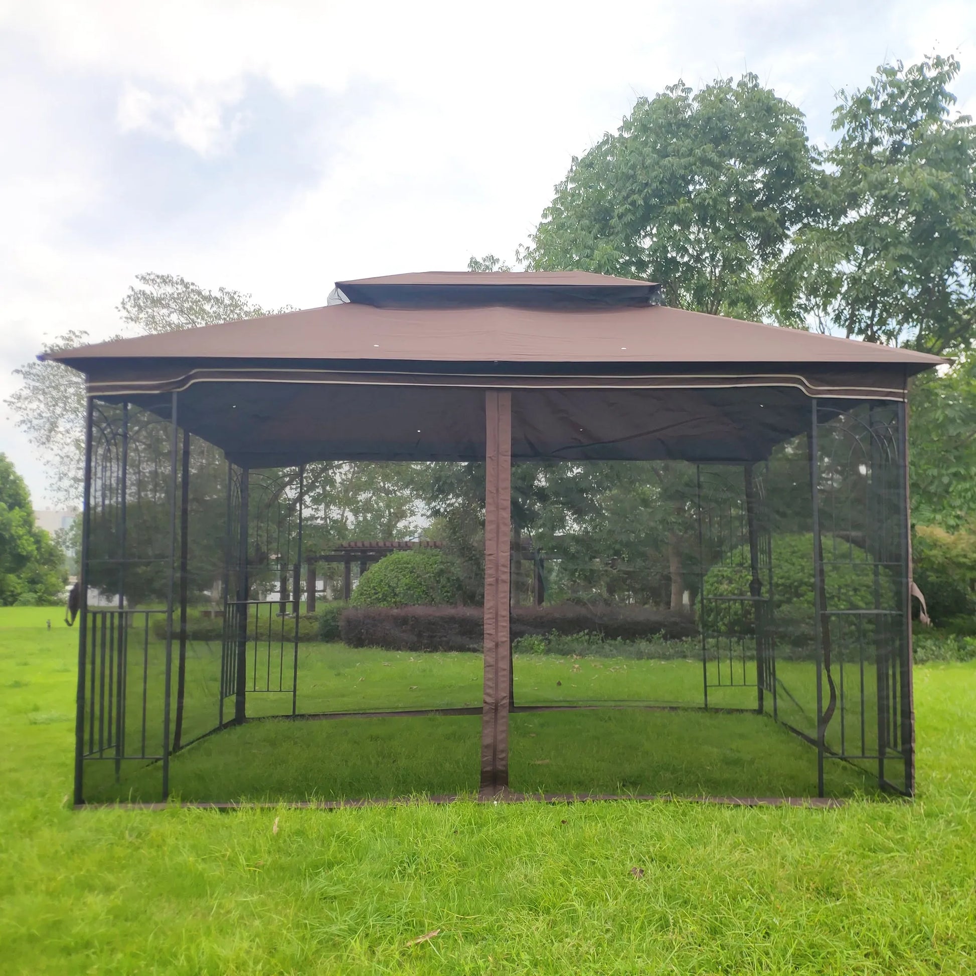13 × 10-Foot Double-Roof Patio Gazebo with Mosquito Netting – Brown – view 9