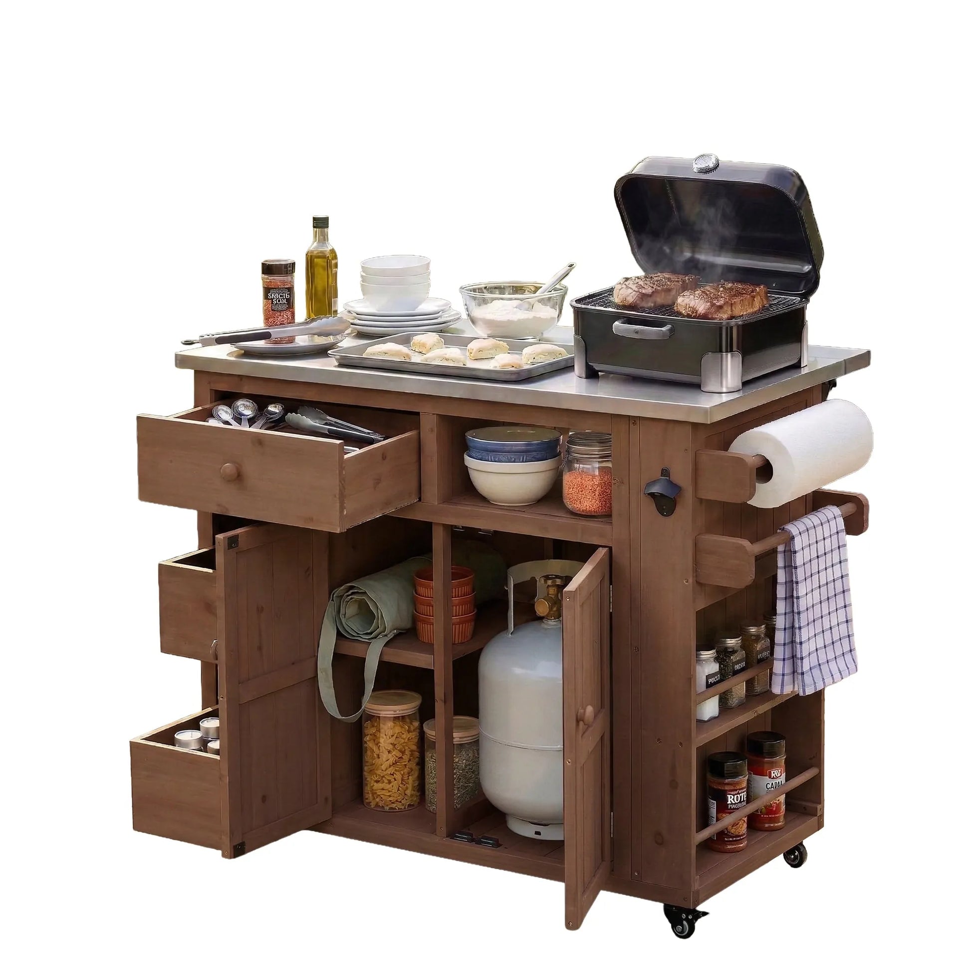 Extendable Outdoor Kitchen Island with Stainless-Steel Top – Brown – view 11