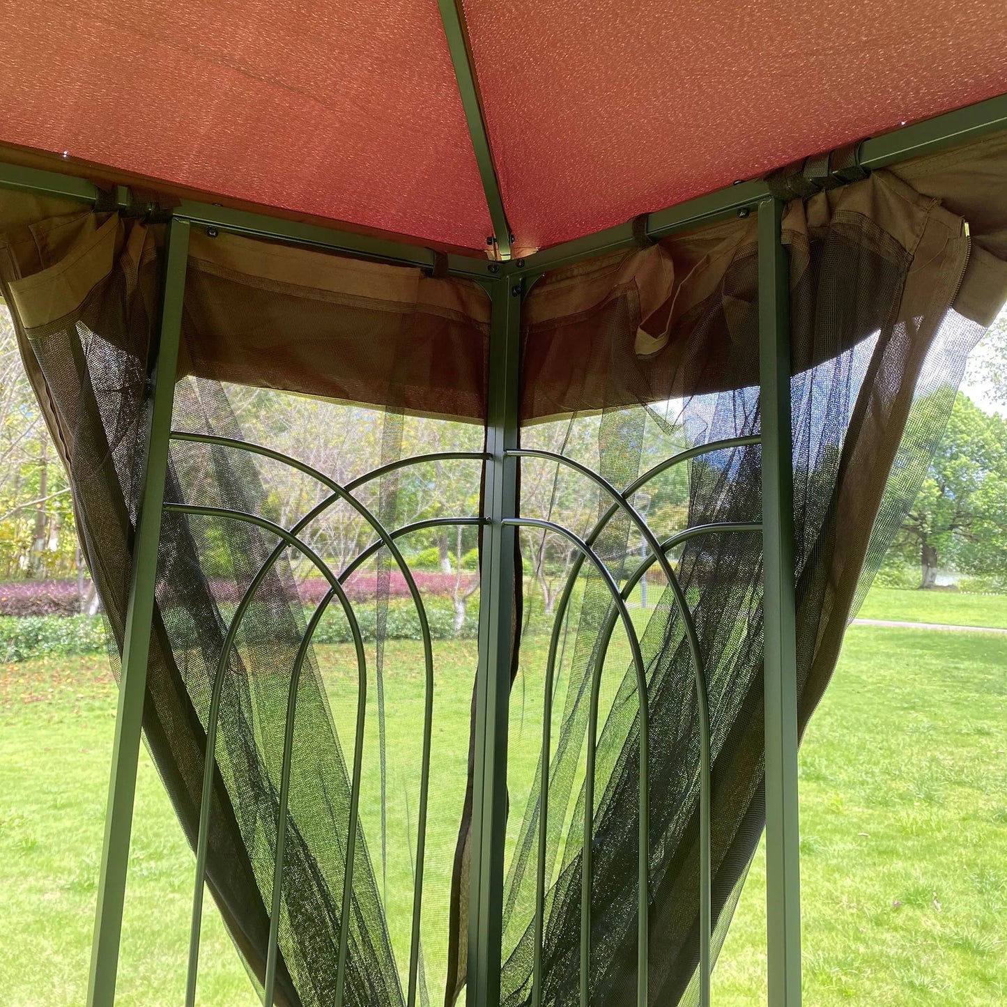 13 × 10-Foot Double-Roof Patio Gazebo with Mosquito Netting – Brown – view 11